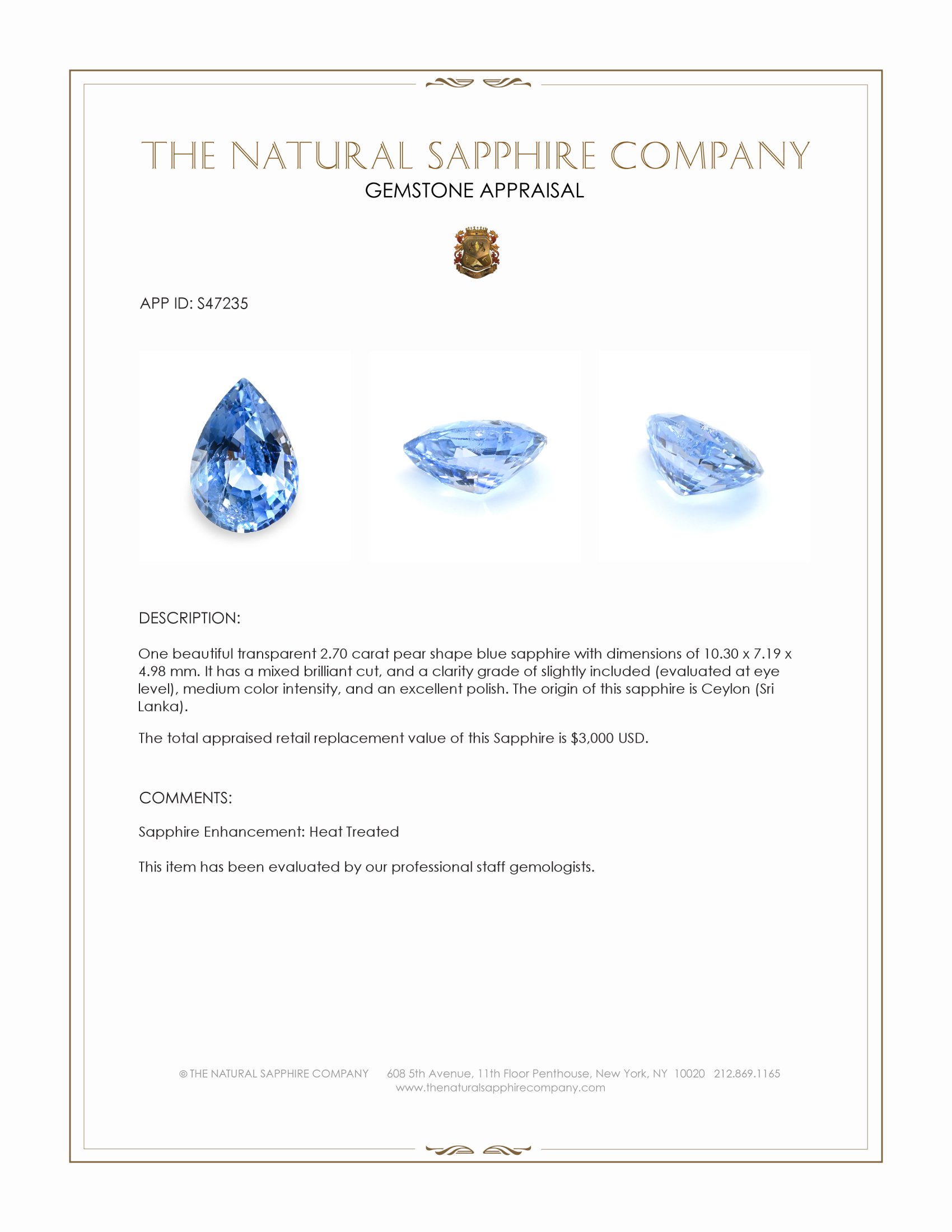 2.70 Ct. Blue Sapphire from Ceylon (Sri Lanka)