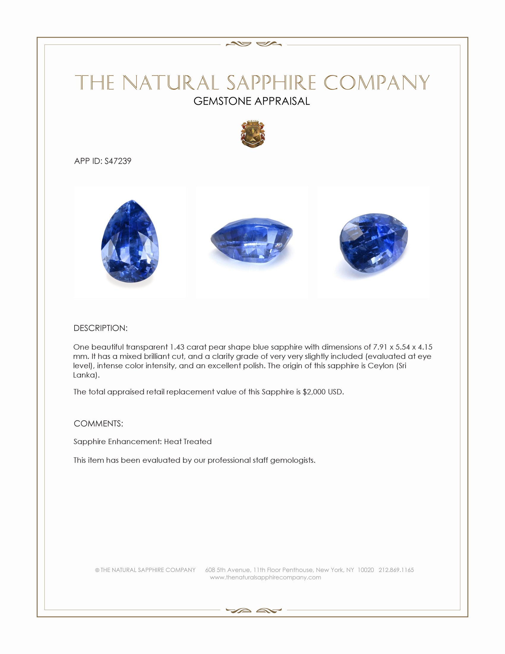 1.43 Ct. Blue Sapphire from Ceylon (Sri Lanka)