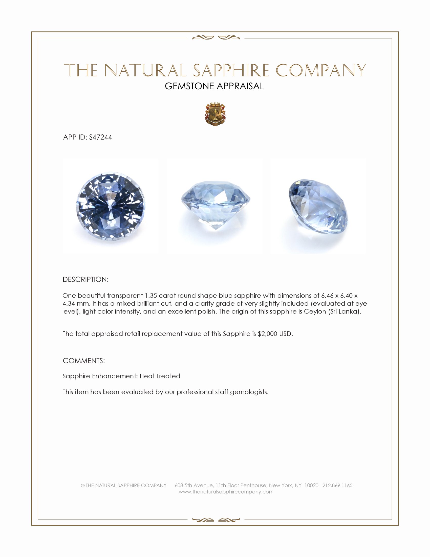 1.35 Ct. Blue Sapphire from Ceylon (Sri Lanka)