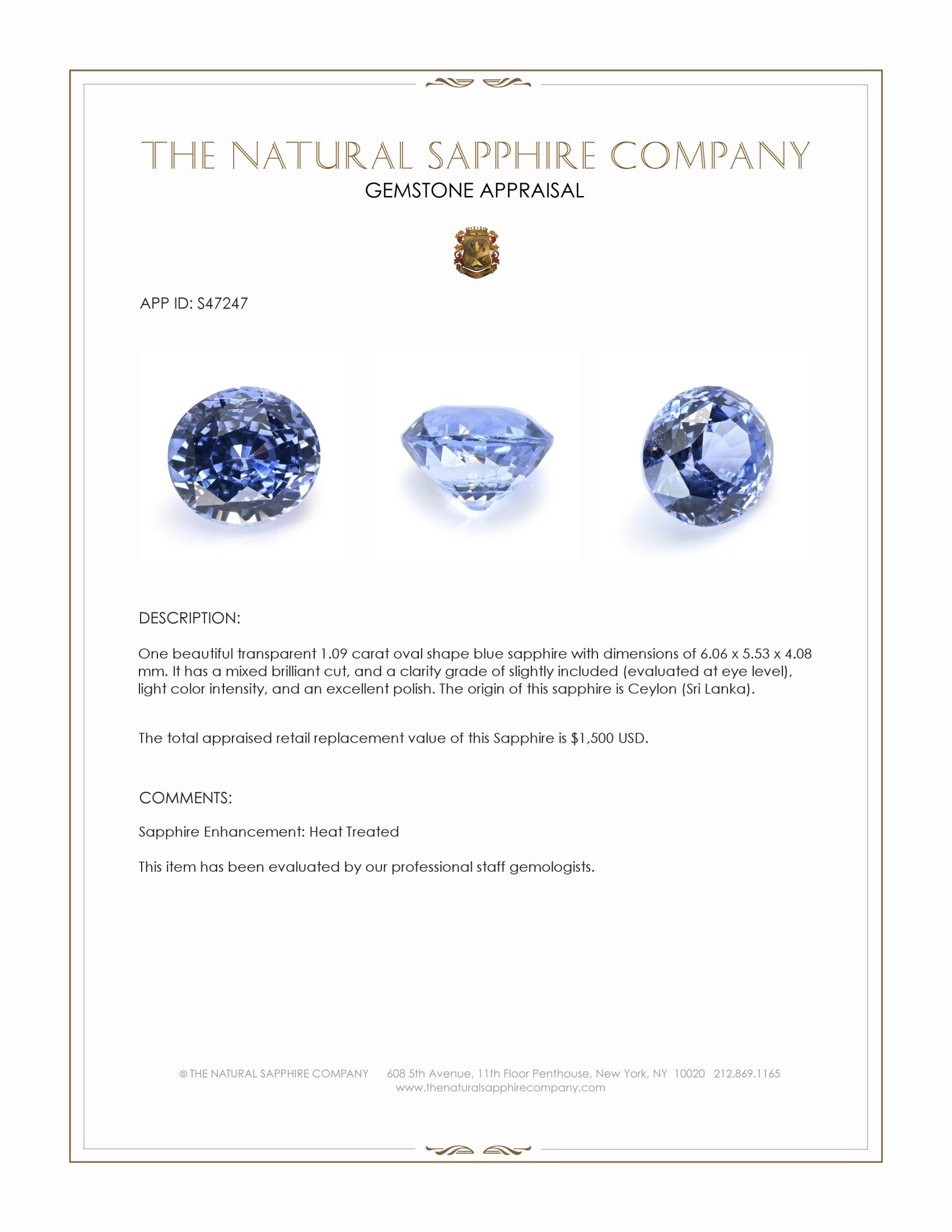 1.09 Ct. Blue Sapphire from Ceylon (Sri Lanka)