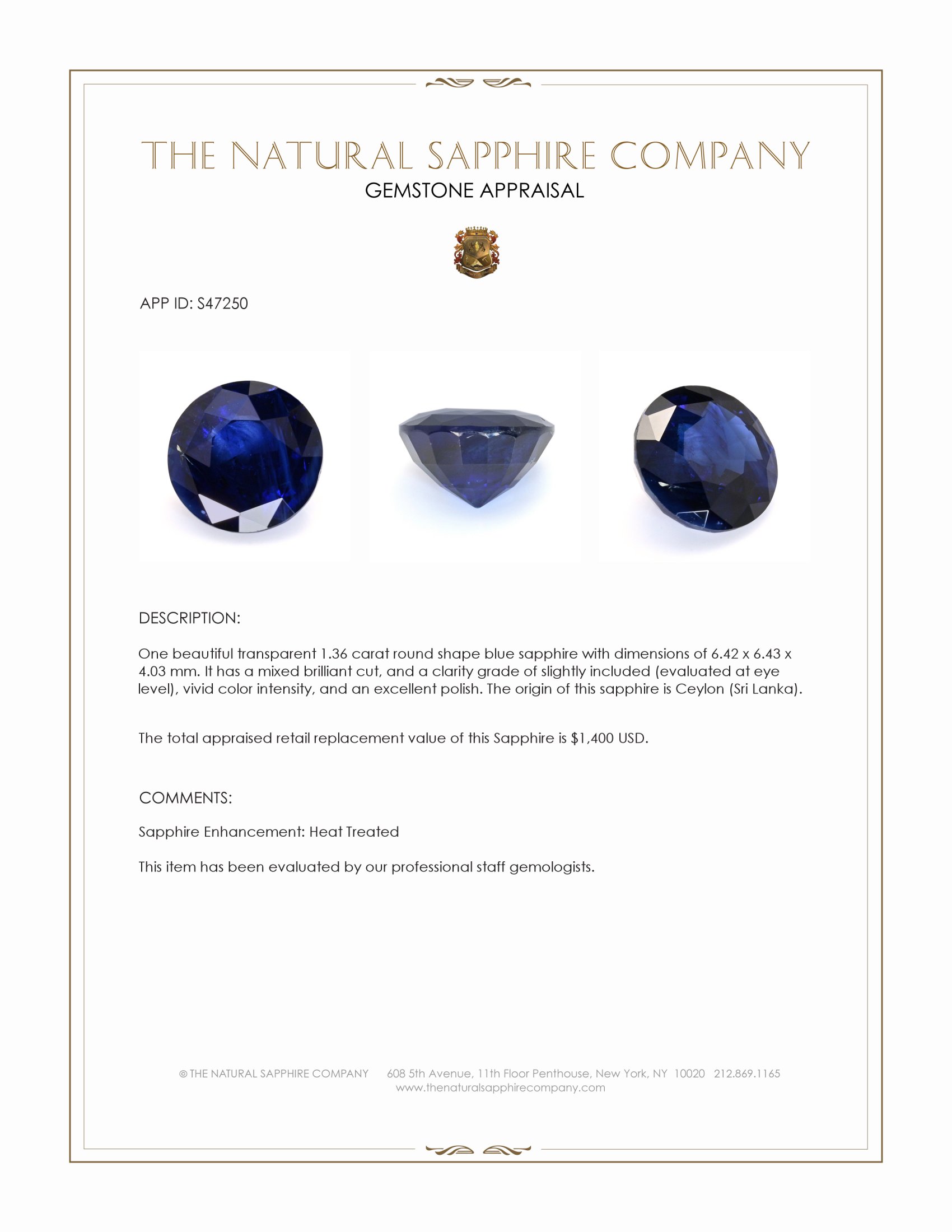 1.36 Ct. Blue Sapphire from Ceylon (Sri Lanka)