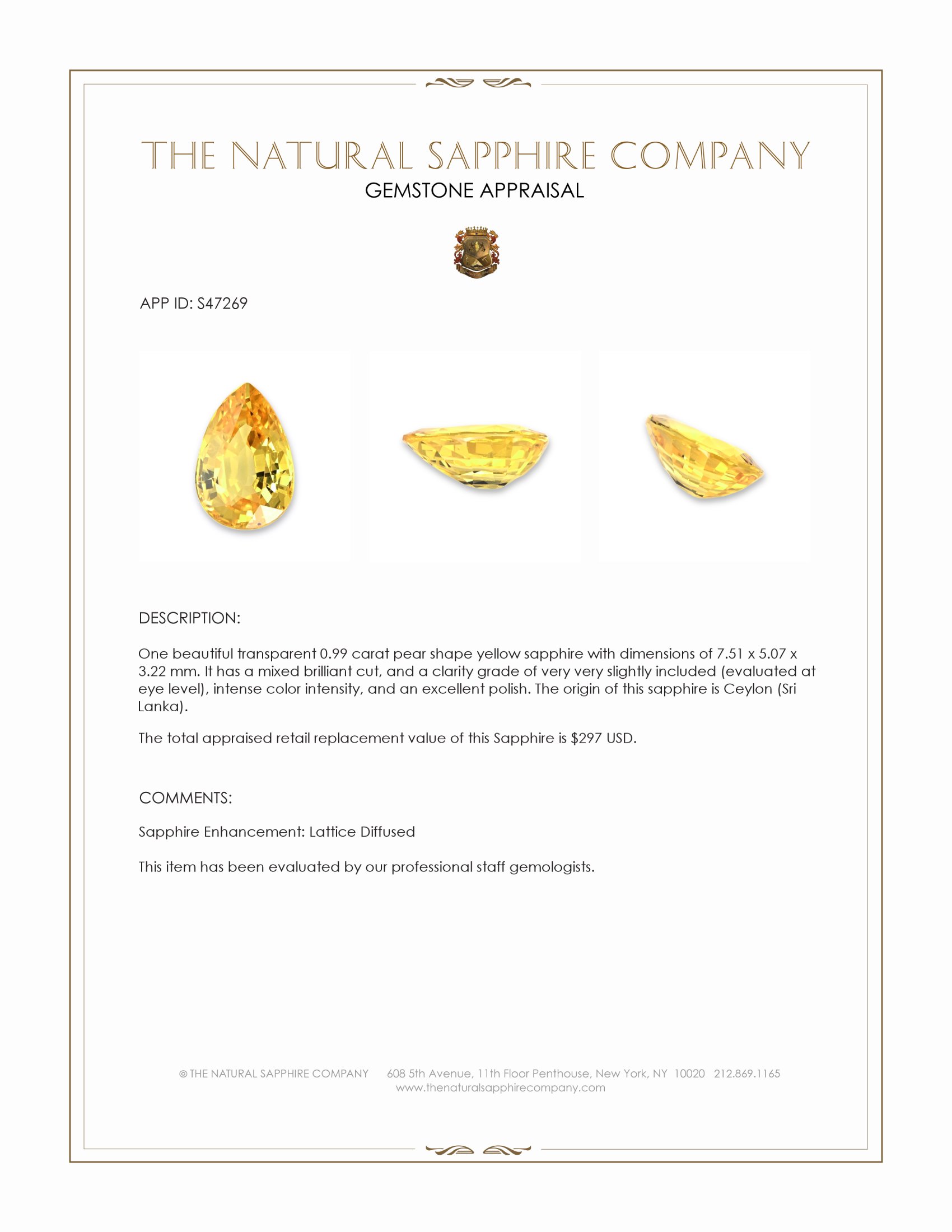 0.99 Ct. Yellow Sapphire from Ceylon (Sri Lanka)