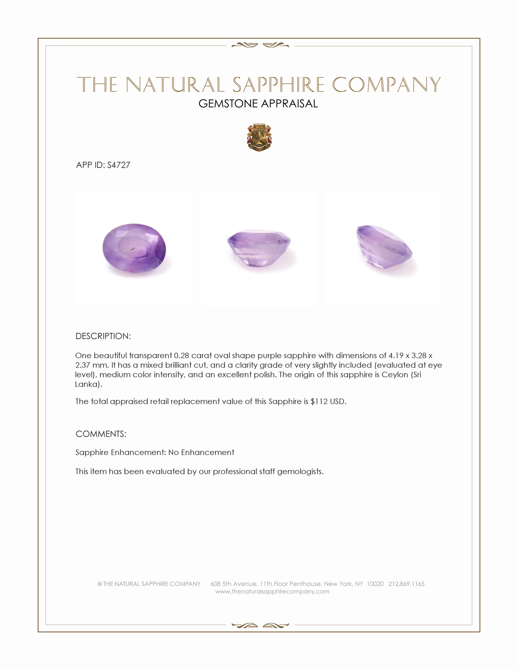 0.28 Ct. Purple Sapphire from Ceylon (Sri Lanka)