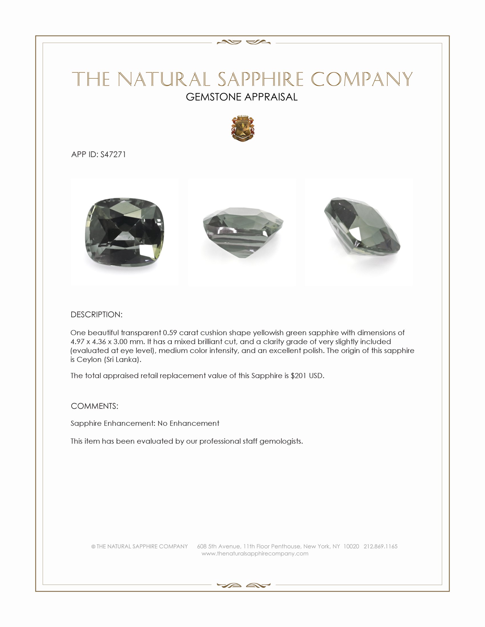 0.59 Ct. Yellowish Green Sapphire from Ceylon (Sri Lanka)