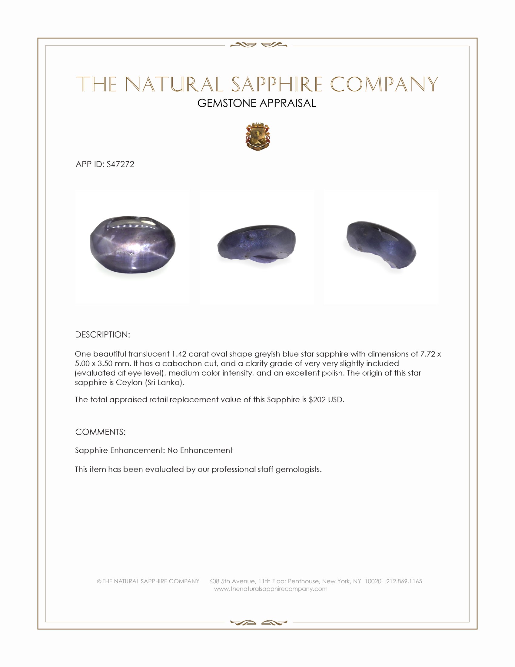 1.42 Ct. Greyish Blue Star Sapphire from Ceylon (Sri Lanka)