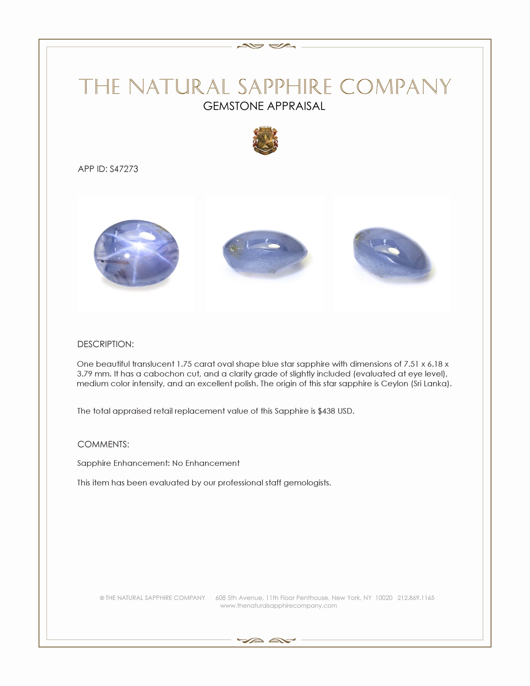1.75 Ct. Blue Star Sapphire from Ceylon (Sri Lanka)