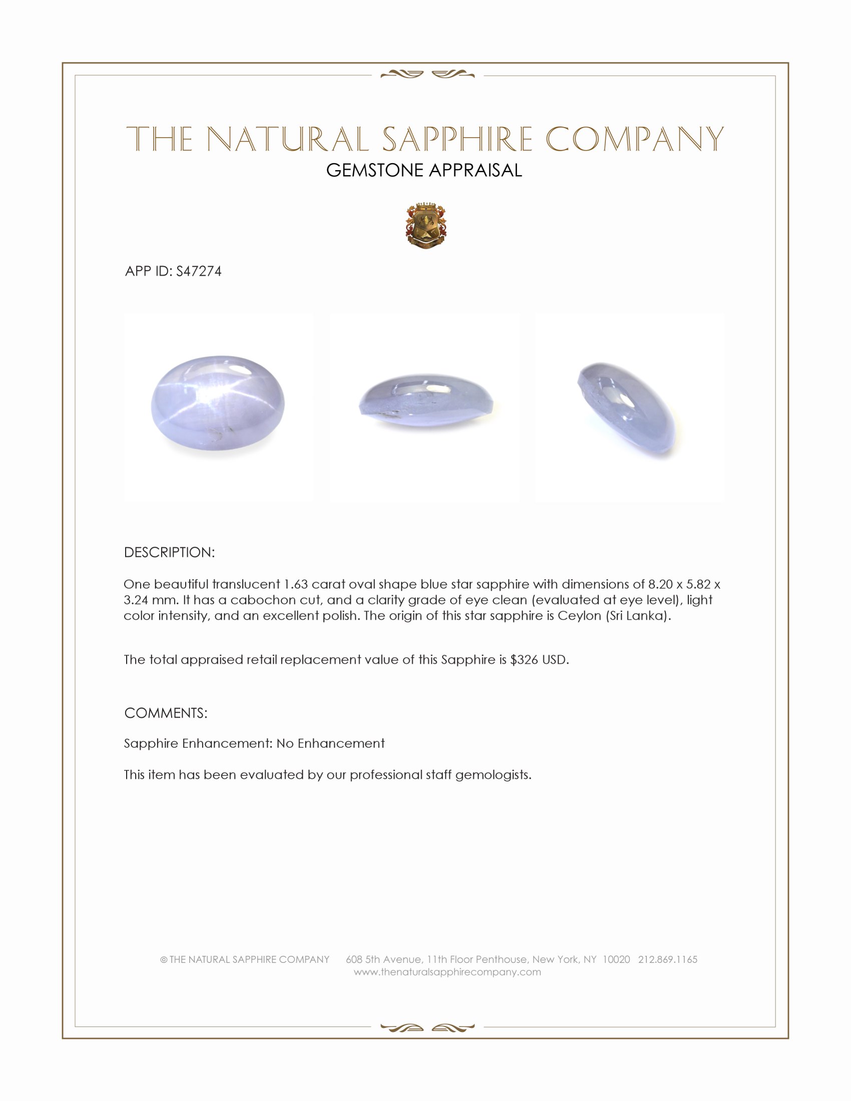 1.63 Ct. Blue Star Sapphire from Ceylon (Sri Lanka)