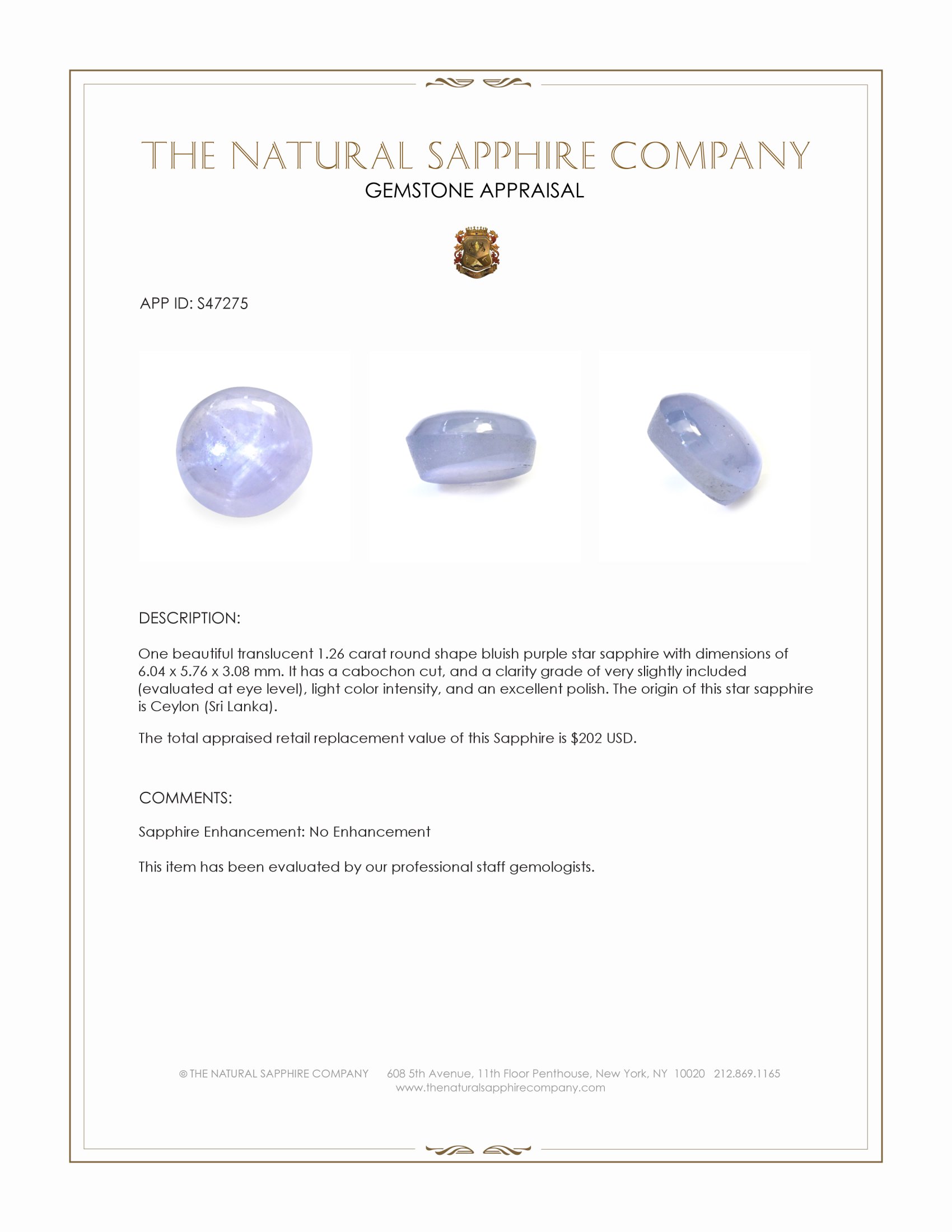 1.26 Ct. Bluish Purple Star Sapphire from Ceylon (Sri Lanka)