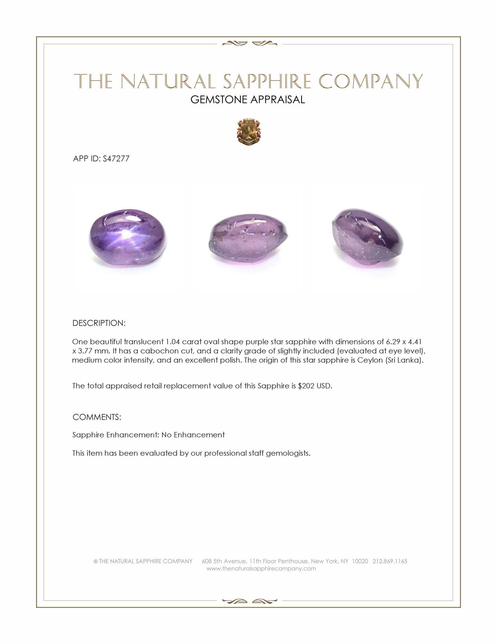 1.04 Ct. Purple Star Sapphire from Ceylon (Sri Lanka)