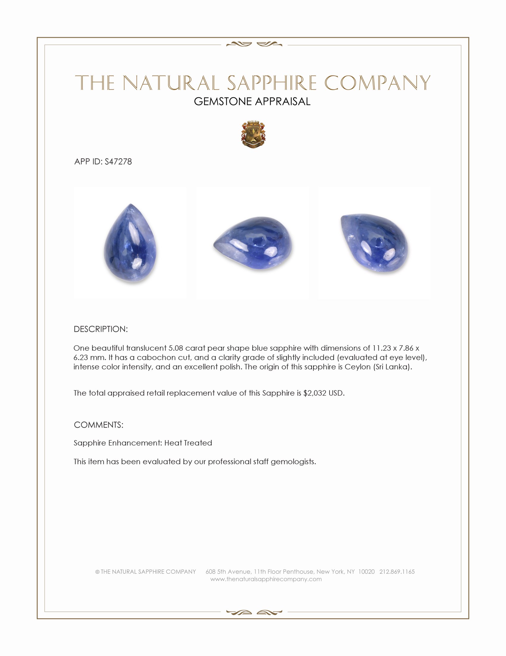 5.08 Ct. Blue Cabochon Sapphire from Ceylon (Sri Lanka)