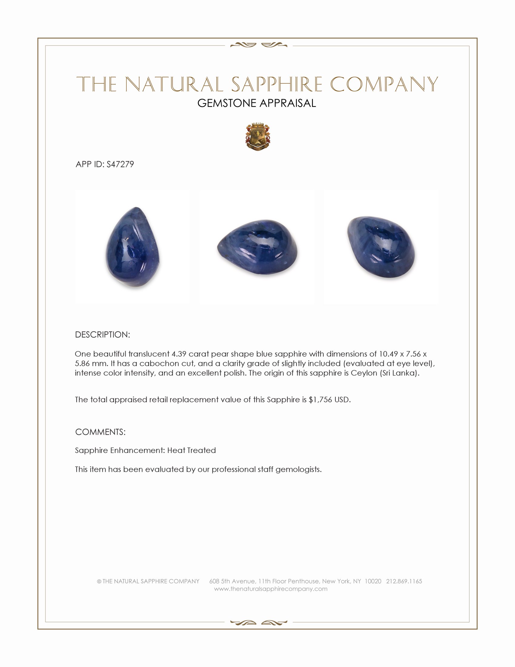 4.39 Ct. Blue Cabochon Sapphire from Ceylon (Sri Lanka)