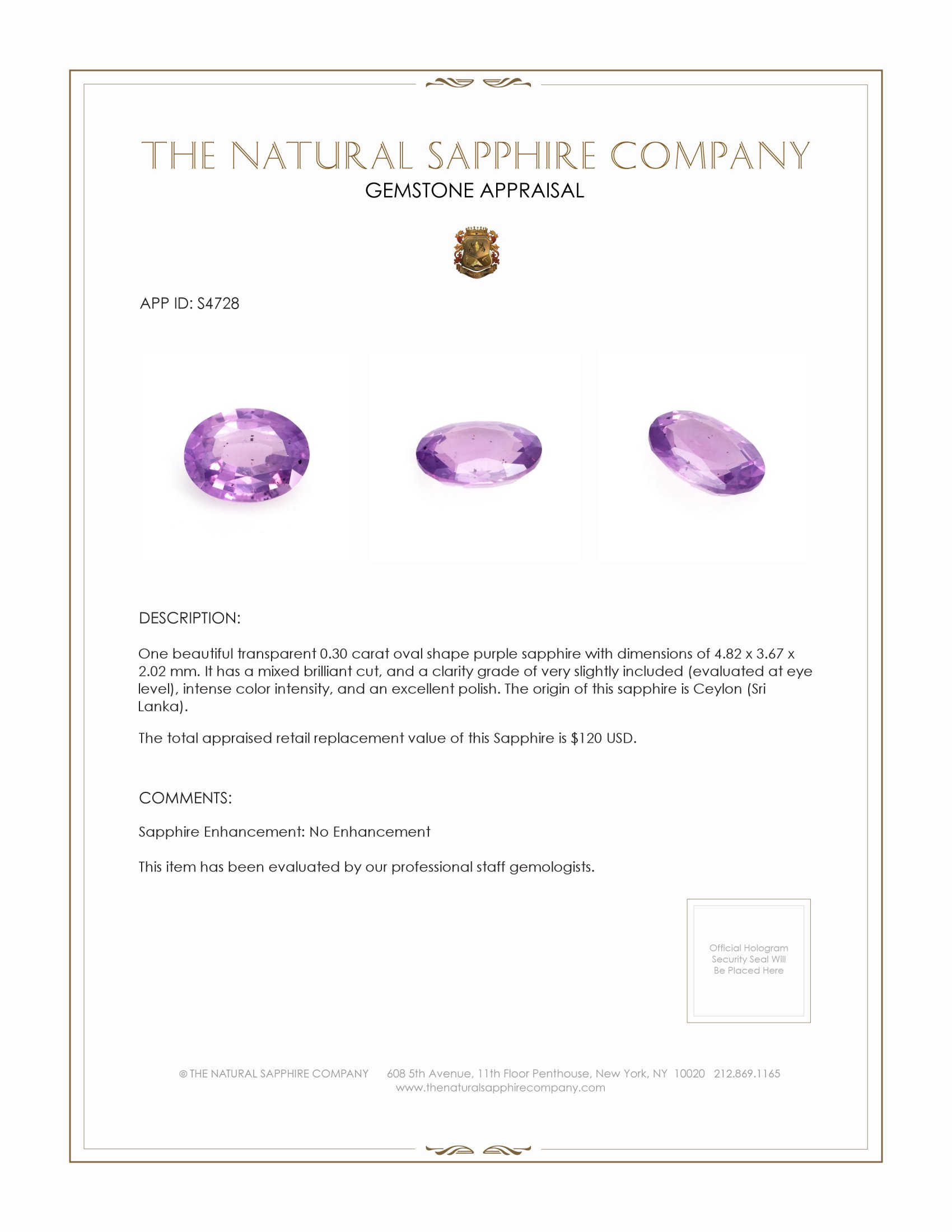 0.30 Ct. Purple Sapphire from Ceylon (Sri Lanka)