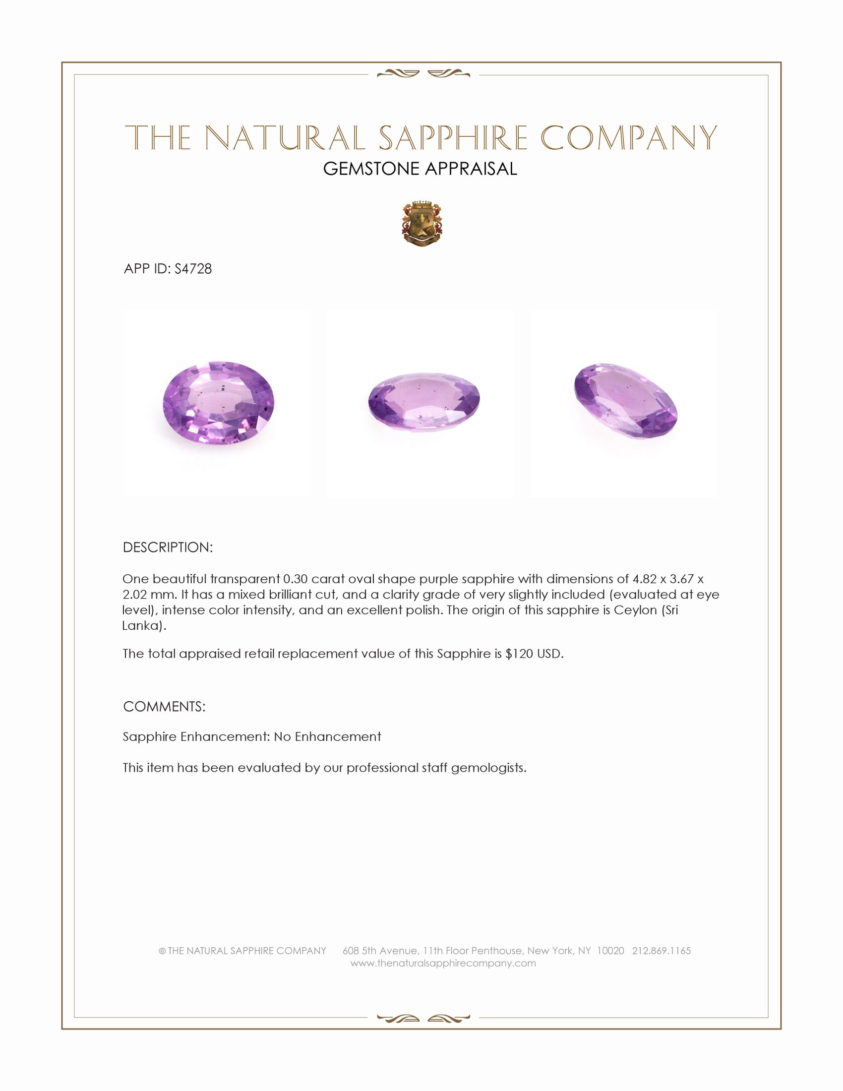 0.30 Ct. Purple Sapphire from Ceylon (Sri Lanka)