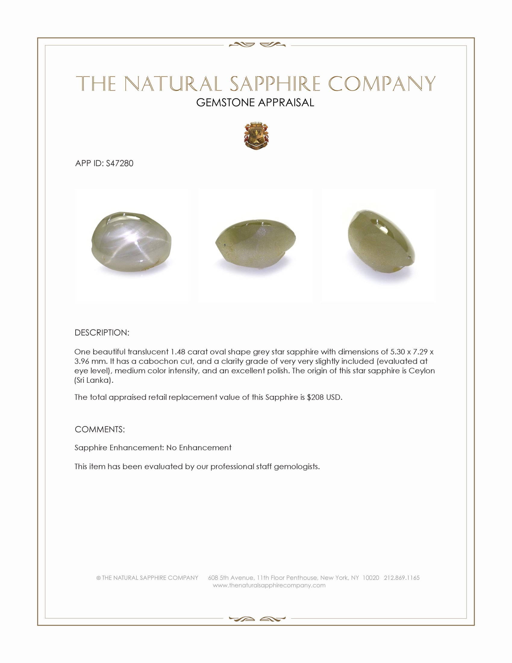1.48 Ct. Grey Star Sapphire from Ceylon (Sri Lanka)