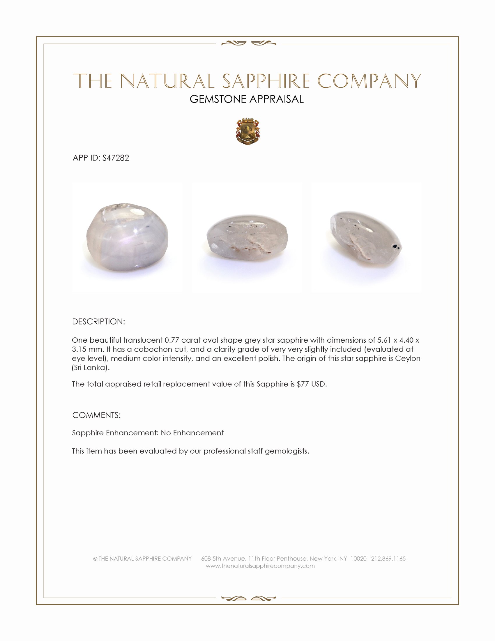 0.77 Ct. Grey Star Sapphire from Ceylon (Sri Lanka)