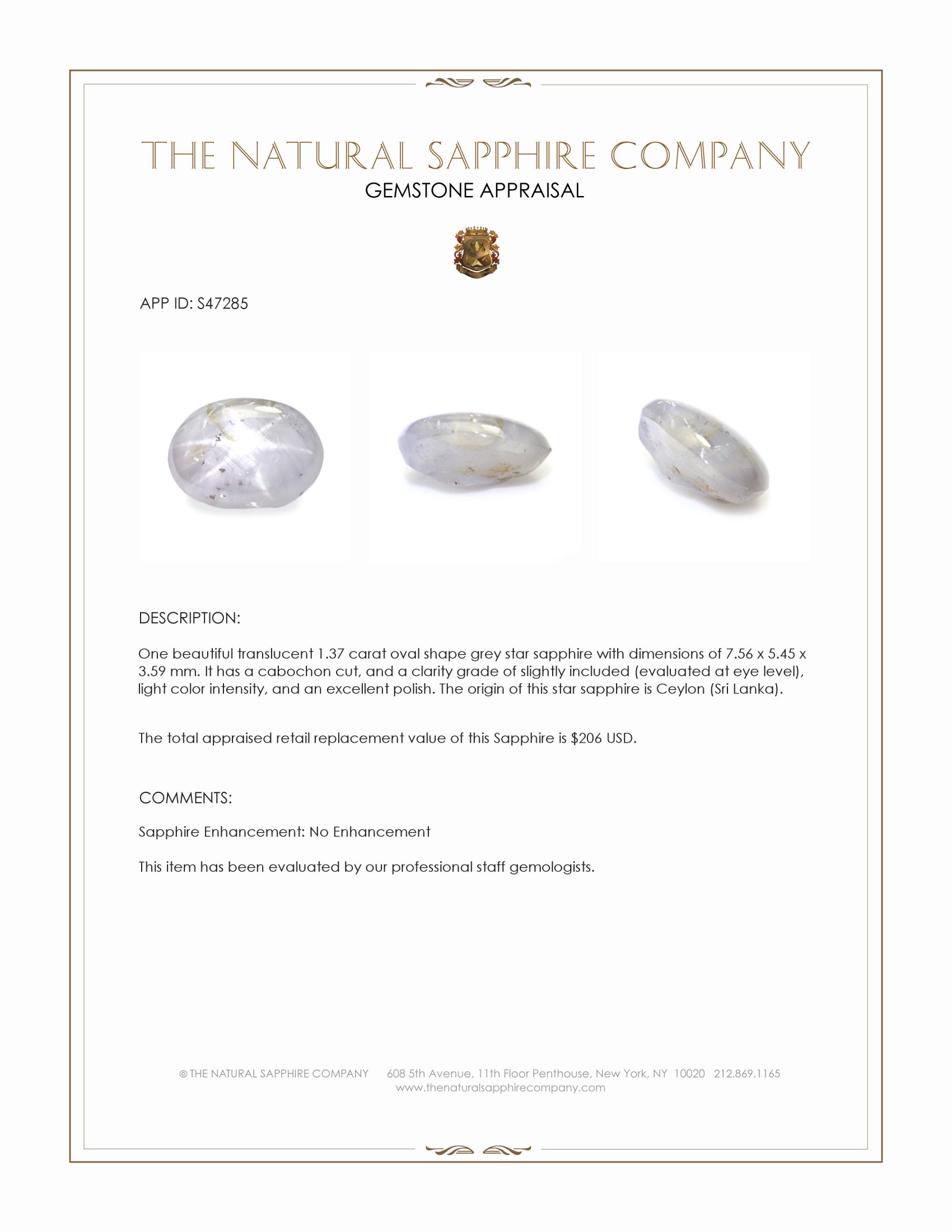1.37 Ct. Grey Star Sapphire from Ceylon (Sri Lanka)