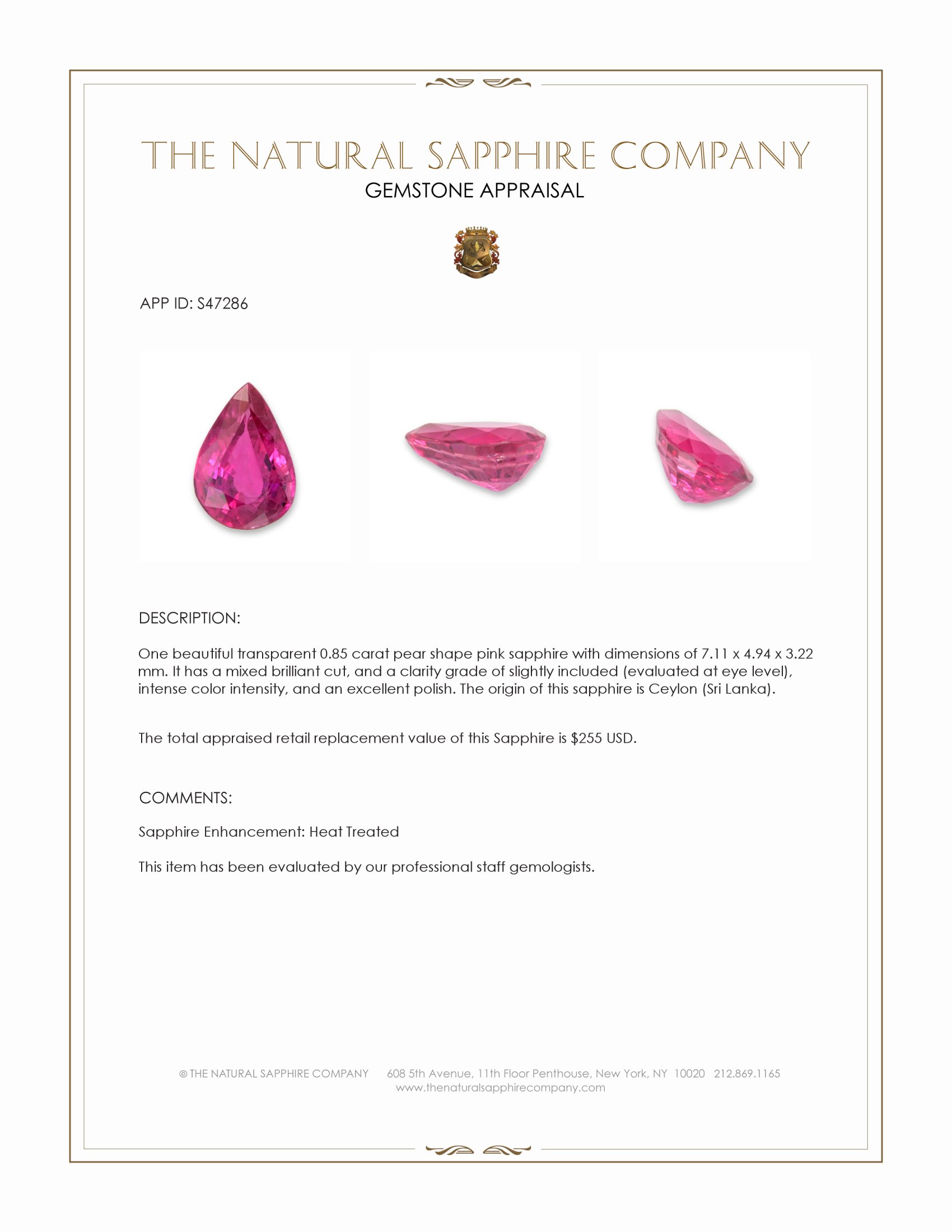 0.85 Ct. Pink Sapphire from Ceylon (Sri Lanka)