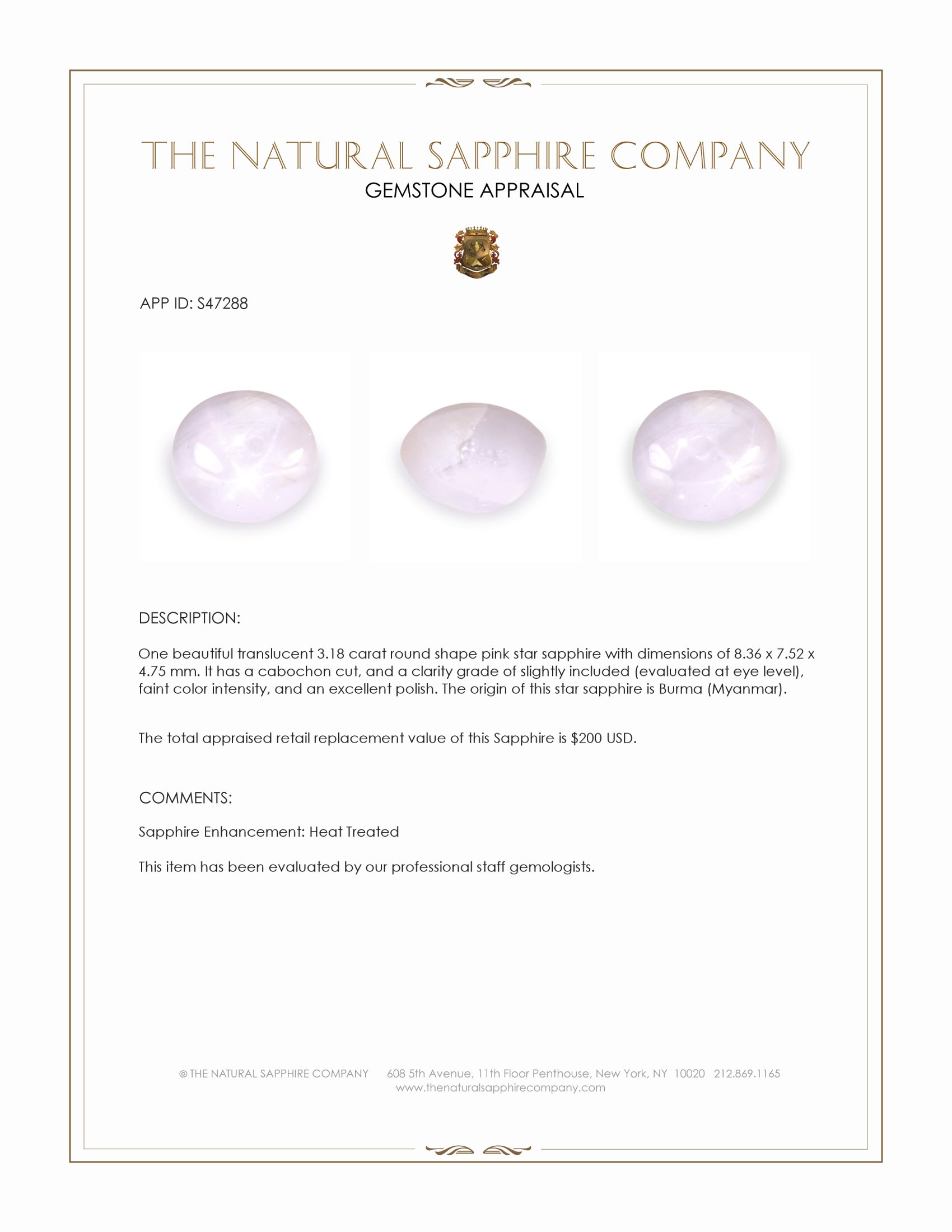 3.18 Ct. Pink Star Sapphire from Burma (Myanmar)