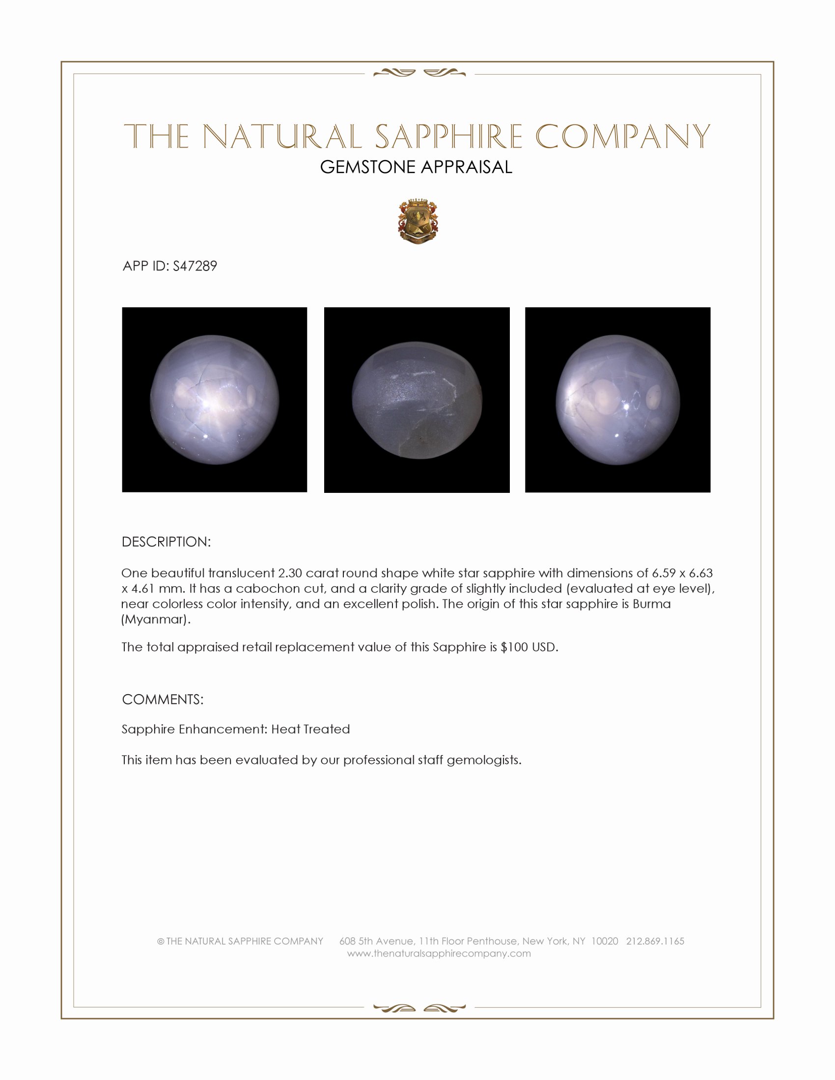 2.30 Ct. White Star Sapphire from Burma (Myanmar)