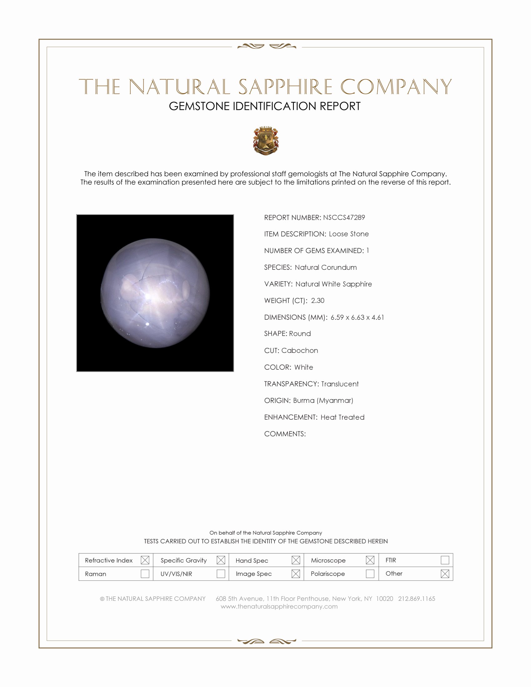 2.30 Ct. White Star Sapphire from Burma (Myanmar)
