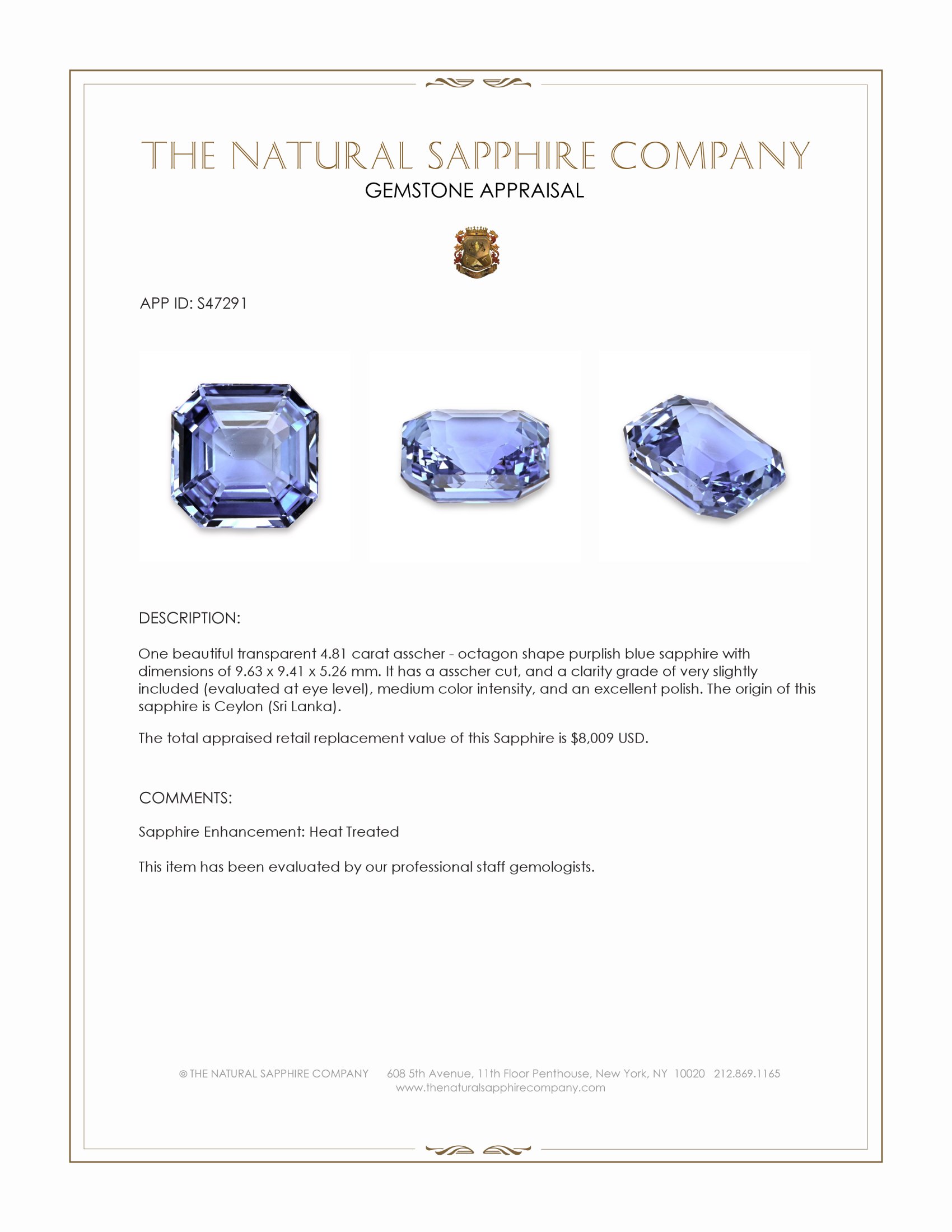 4.81 Ct. Purplish Blue Sapphire from Ceylon (Sri Lanka)
