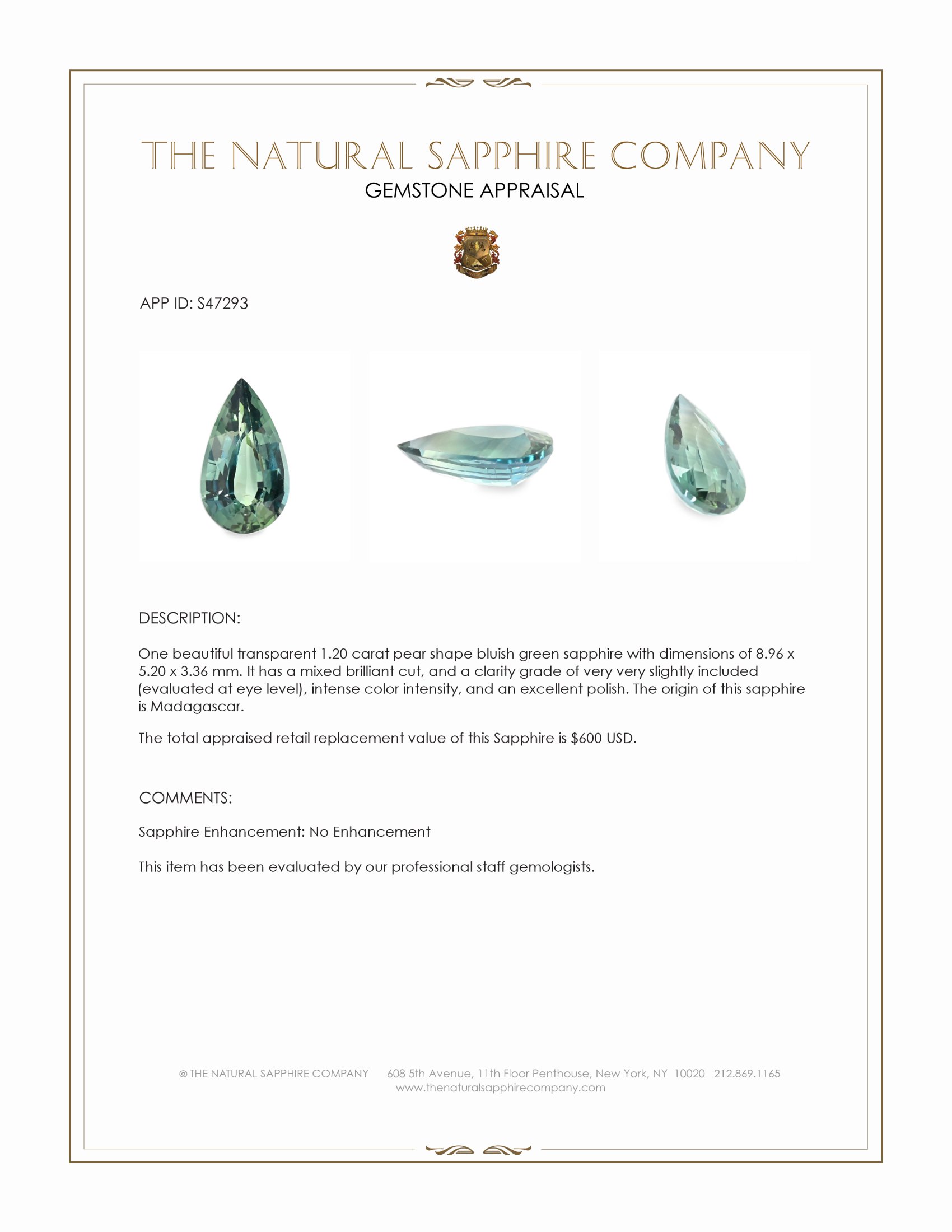 1.20 Ct. Bluish Green Sapphire from Madagascar