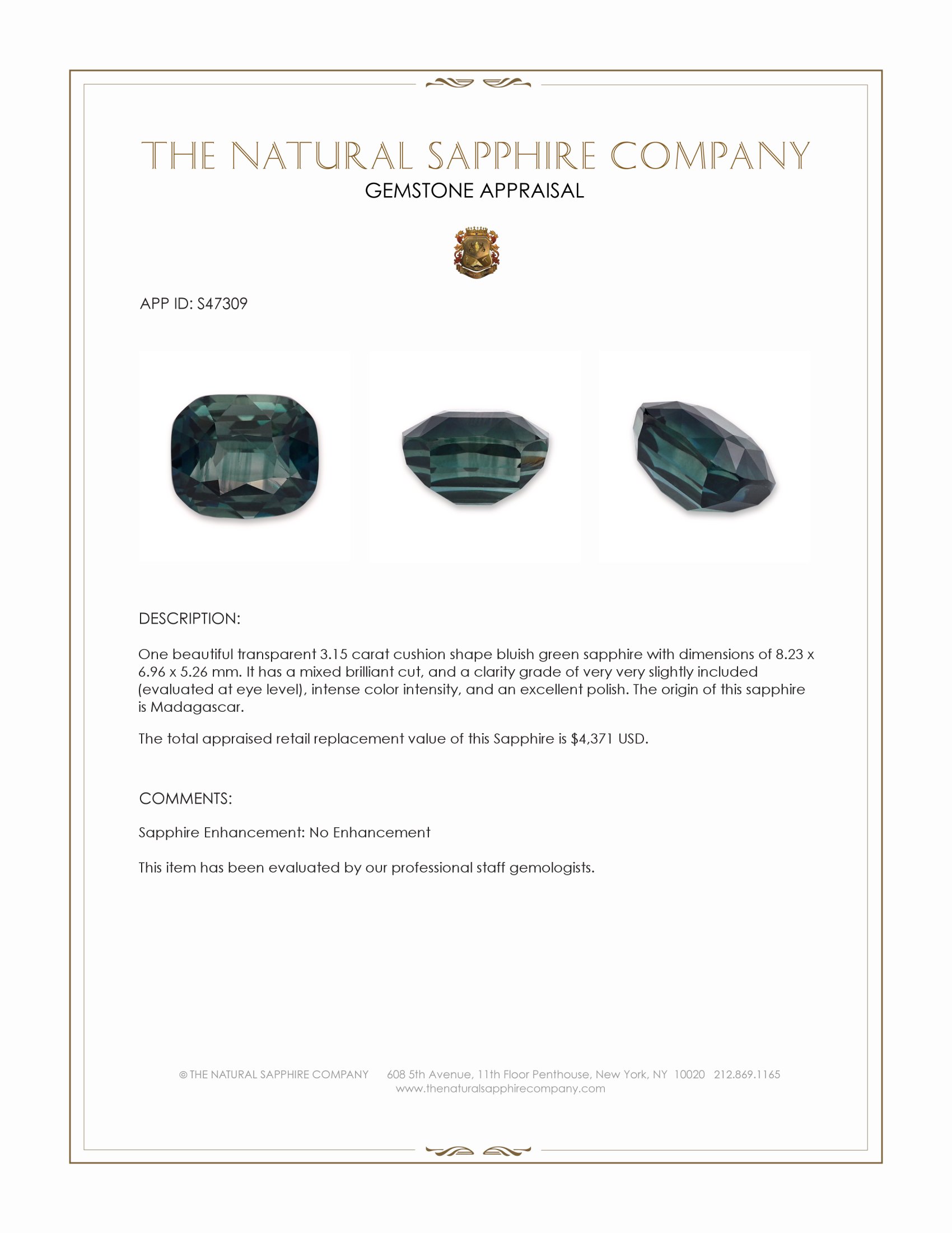 3.15 Ct. Bluish Green Sapphire from Madagascar