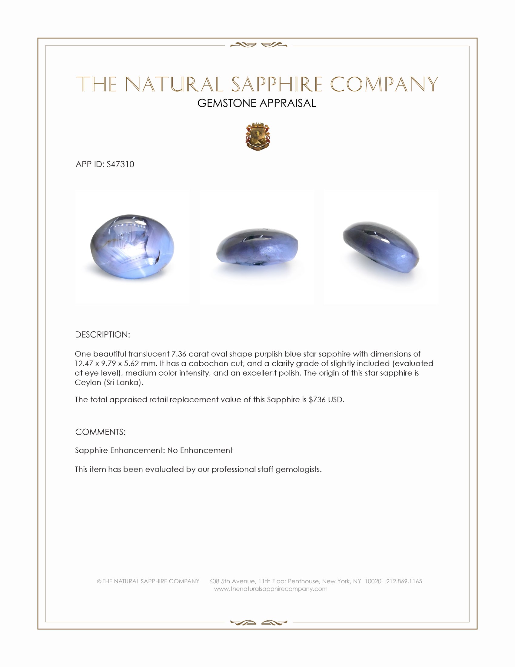 7.36 Ct. Purplish Blue Star Sapphire from Ceylon (Sri Lanka)
