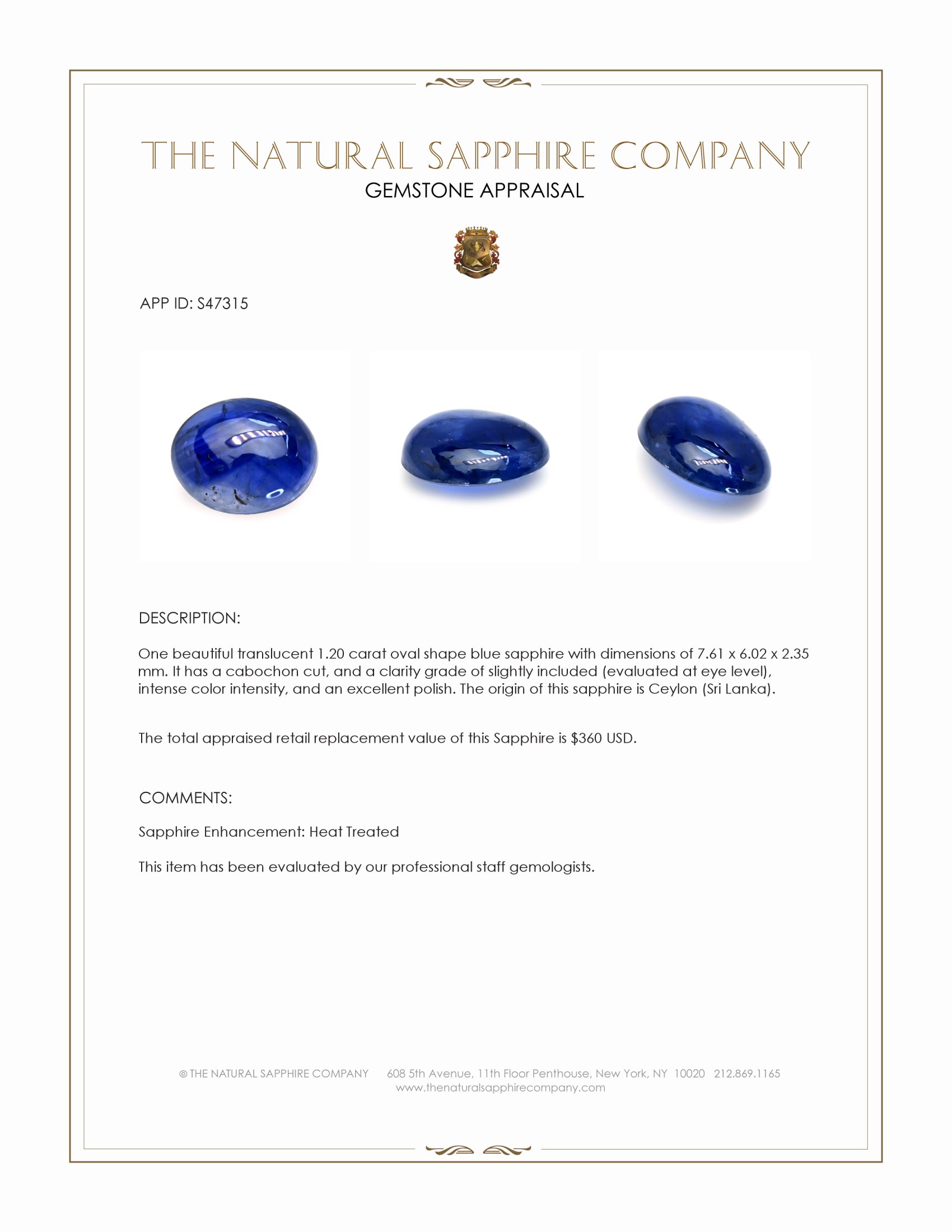 1.20 Ct. Blue Cabochon Sapphire from Ceylon (Sri Lanka)