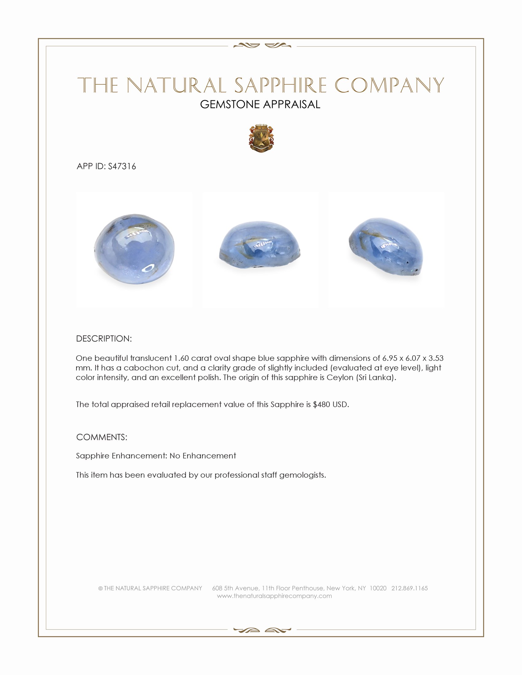 1.60 Ct. Blue Cabochon Sapphire from Ceylon (Sri Lanka)