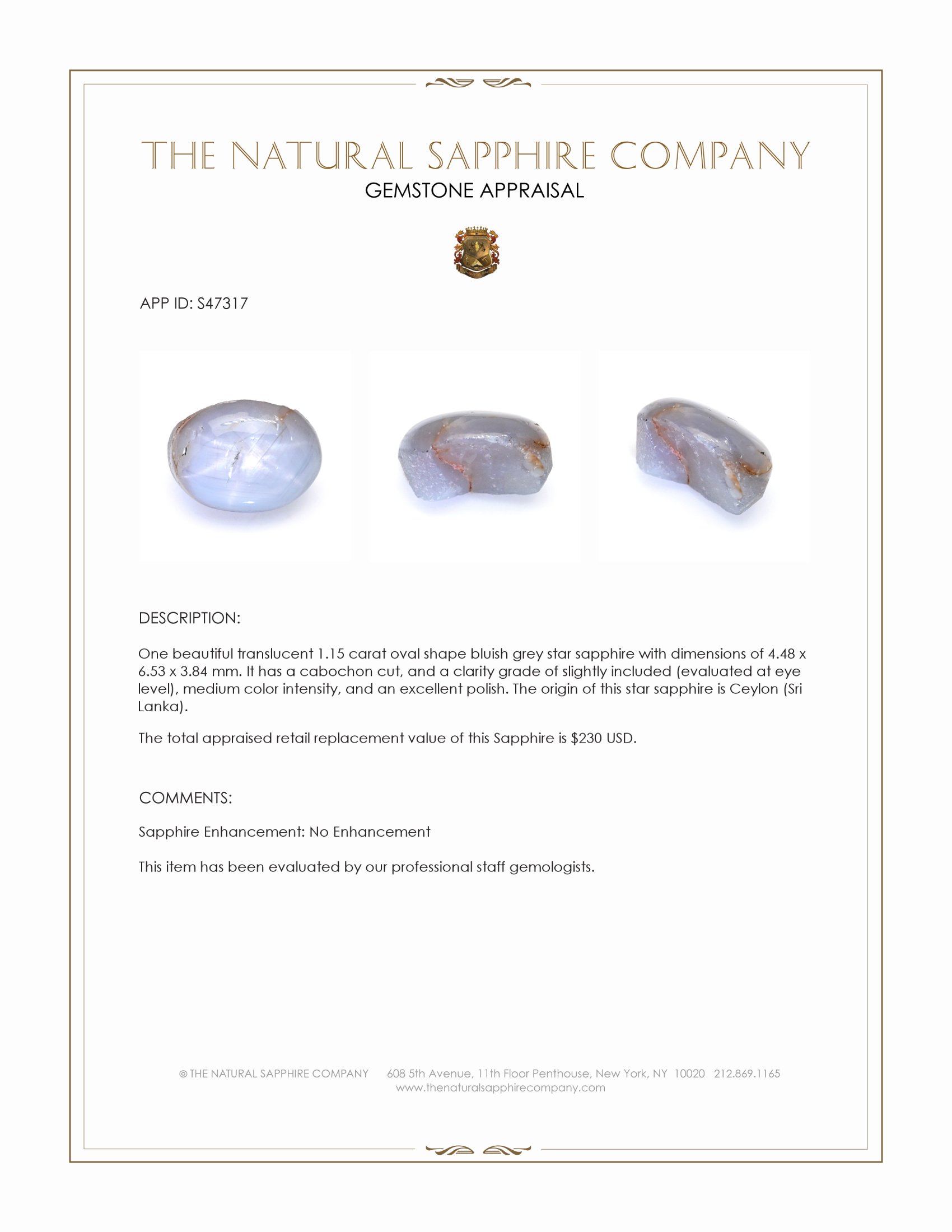 1.15 Ct. Bluish Grey Star Sapphire from Ceylon (Sri Lanka)