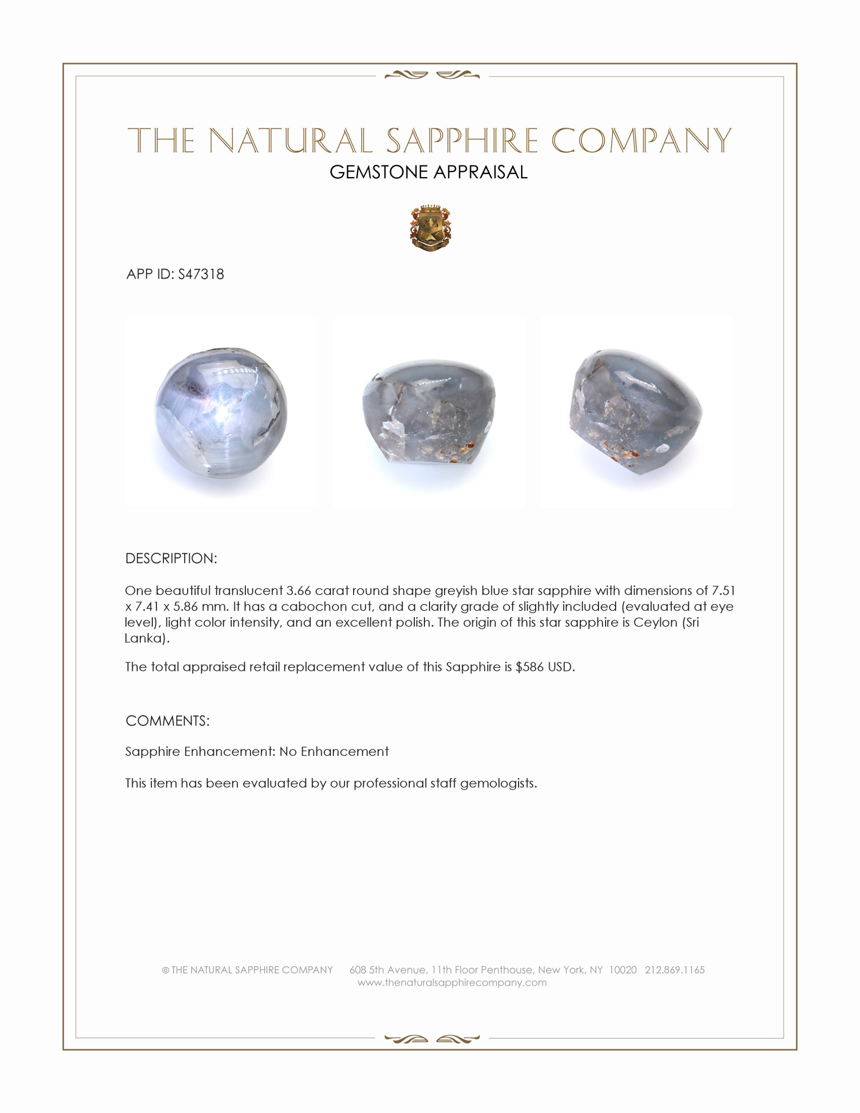 3.66 Ct. Greyish Blue Star Sapphire from Ceylon (Sri Lanka)