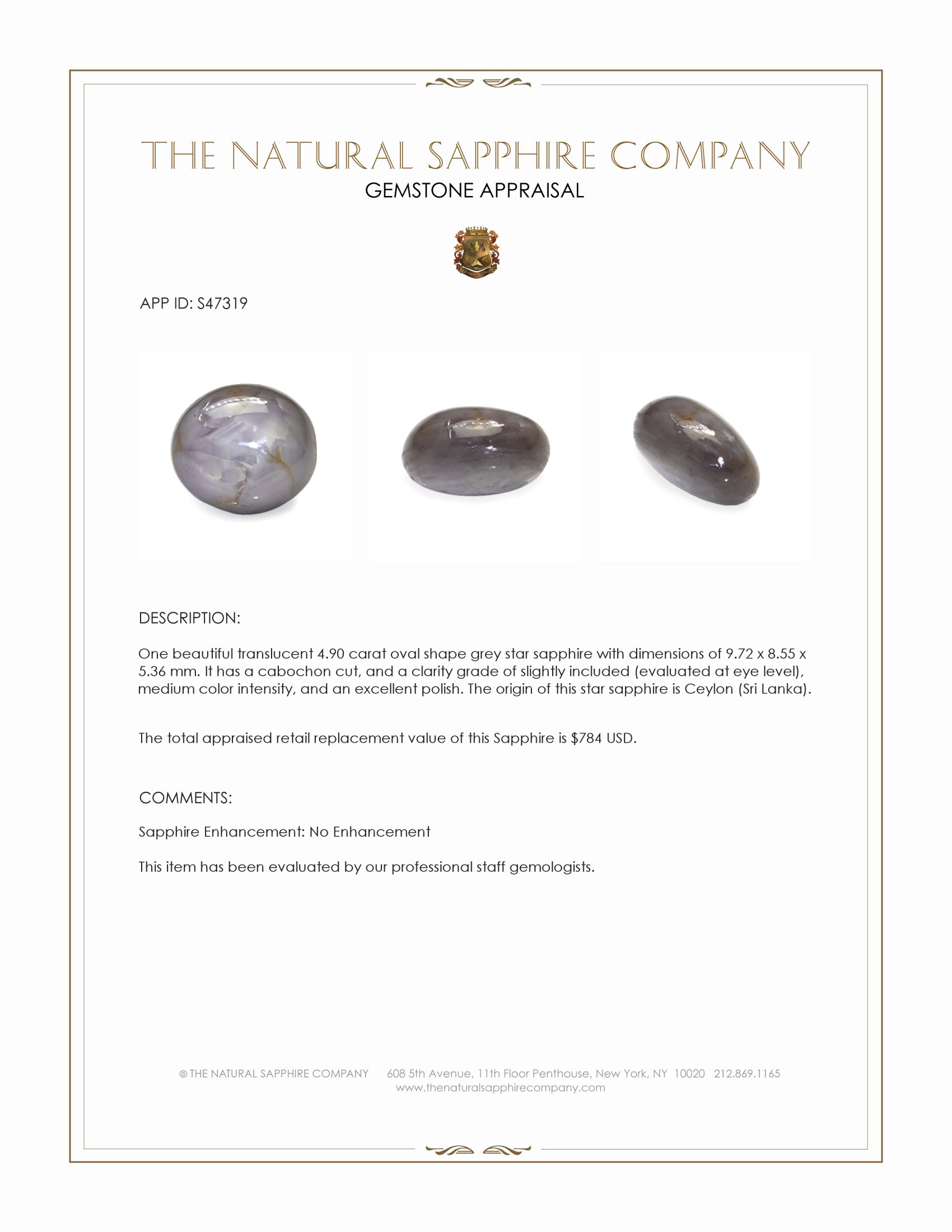 4.90 Ct. Grey Star Sapphire from Ceylon (Sri Lanka)