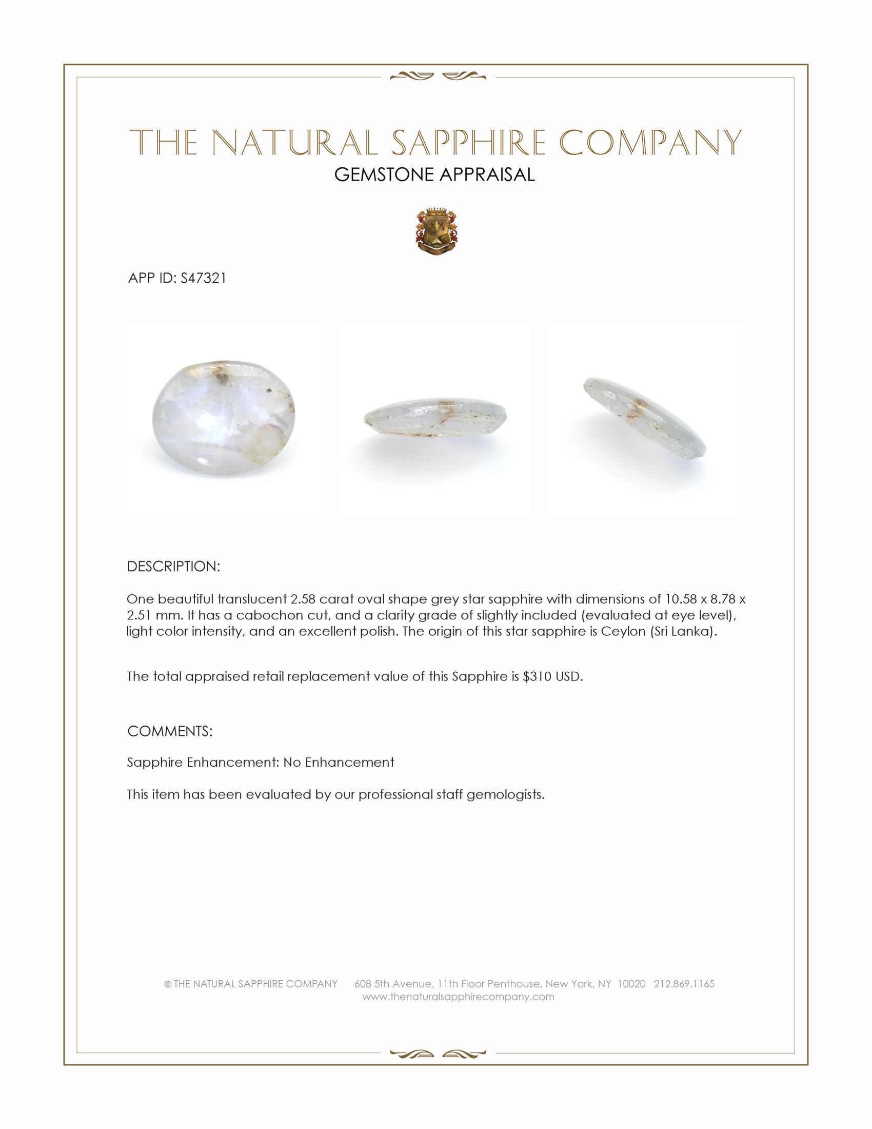 2.58 Ct. Grey Star Sapphire from Ceylon (Sri Lanka)