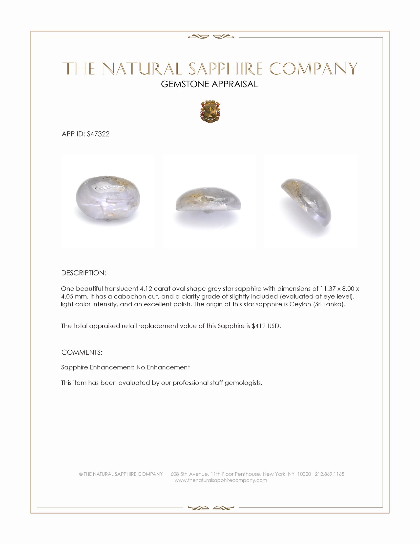 4.12 Ct. Grey Star Sapphire from Ceylon (Sri Lanka)