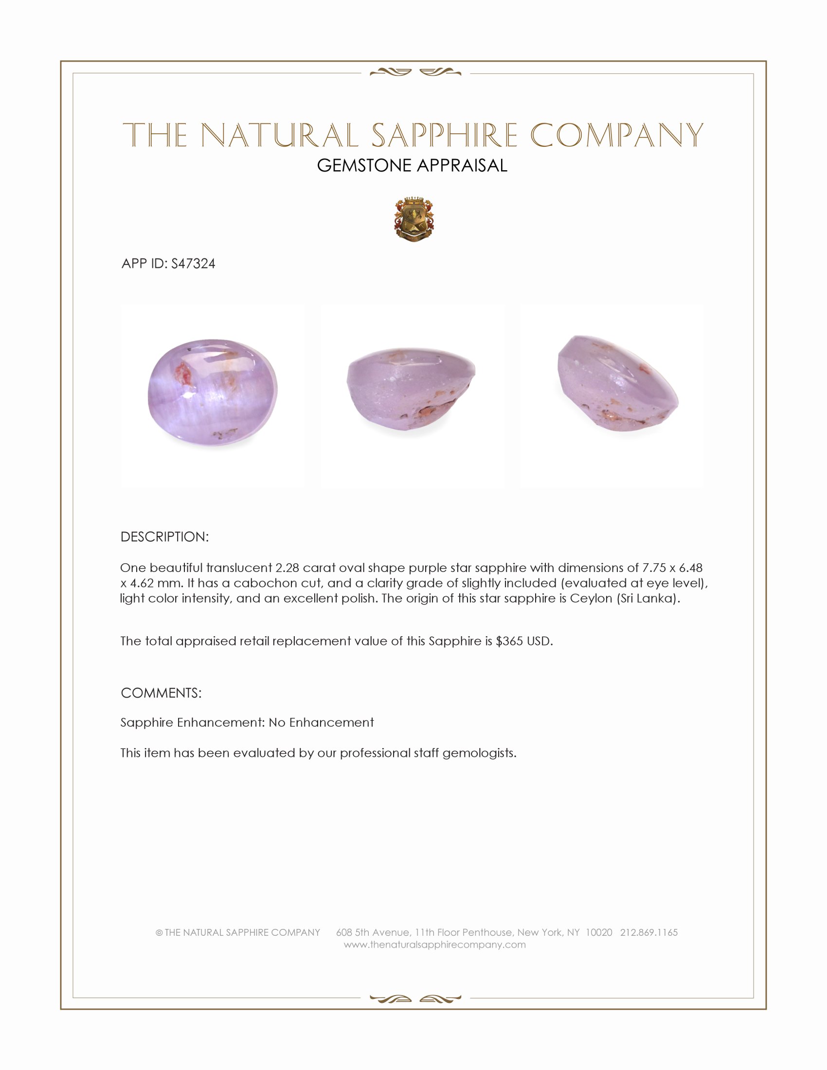 2.28 Ct. Purple Star Sapphire from Ceylon (Sri Lanka)