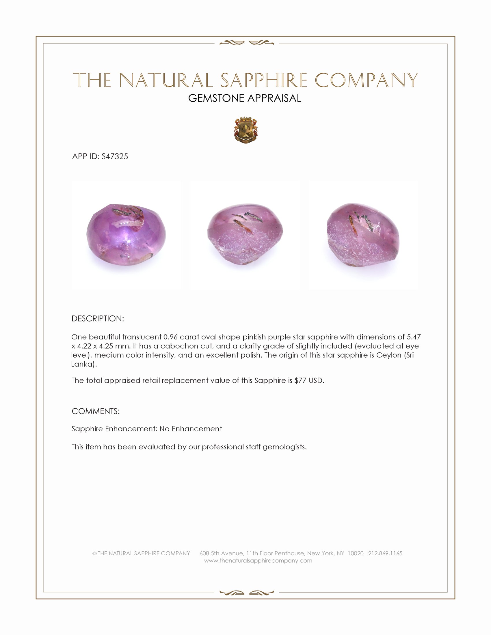 0.96 Ct. Pinkish Purple Star Sapphire from Ceylon (Sri Lanka)