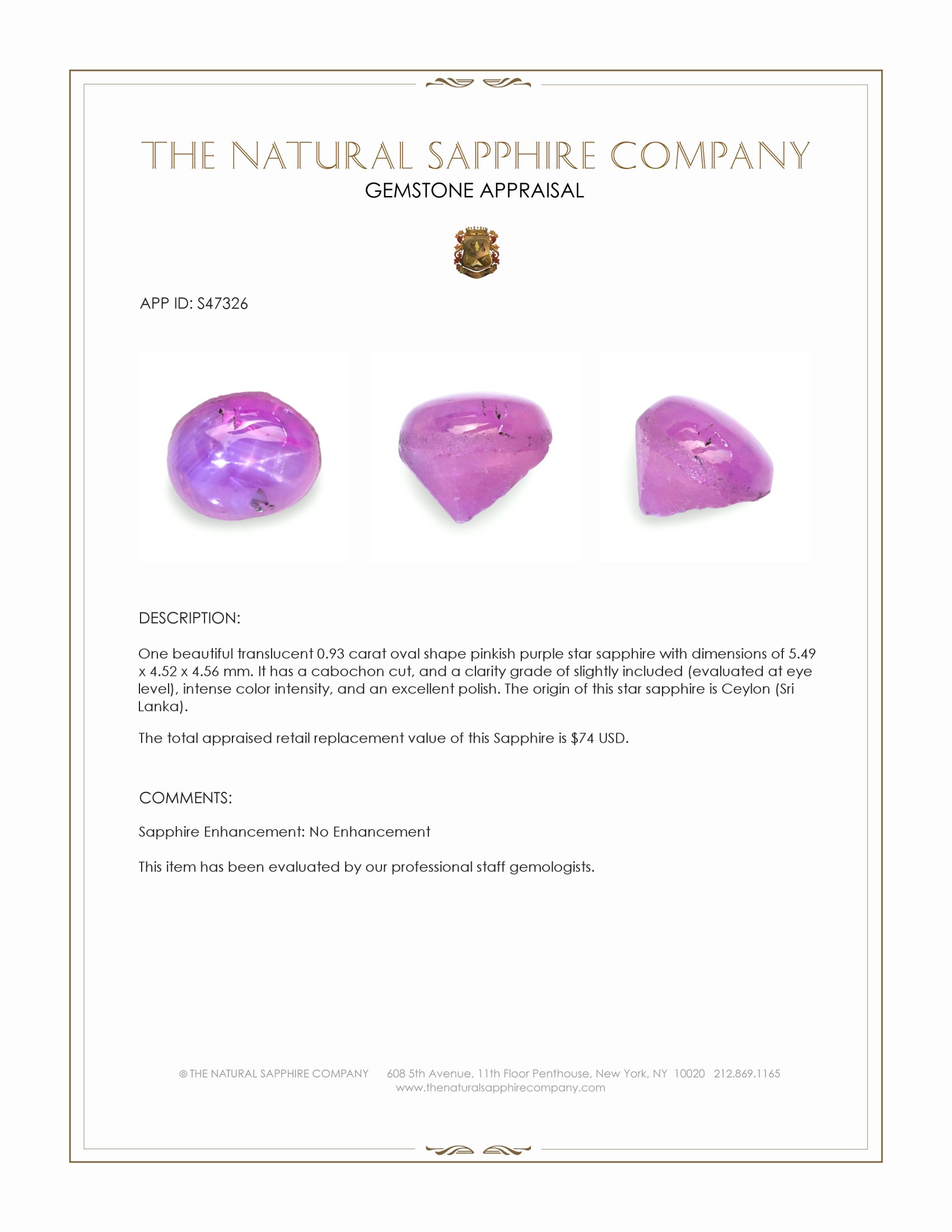0.93 Ct. Pinkish Purple Star Sapphire from Ceylon (Sri Lanka)