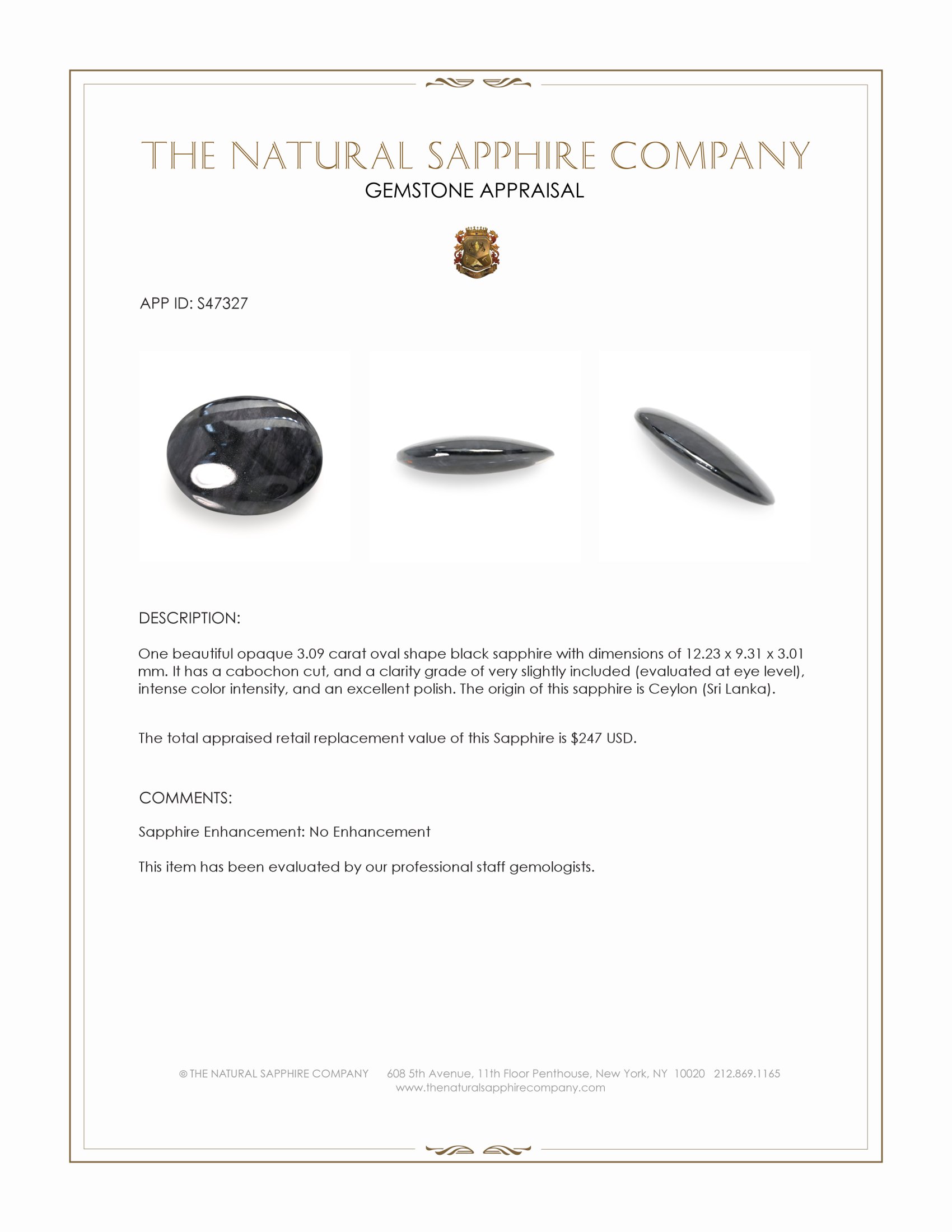 3.09 Ct. Black Cabochon Sapphire from Ceylon (Sri Lanka)