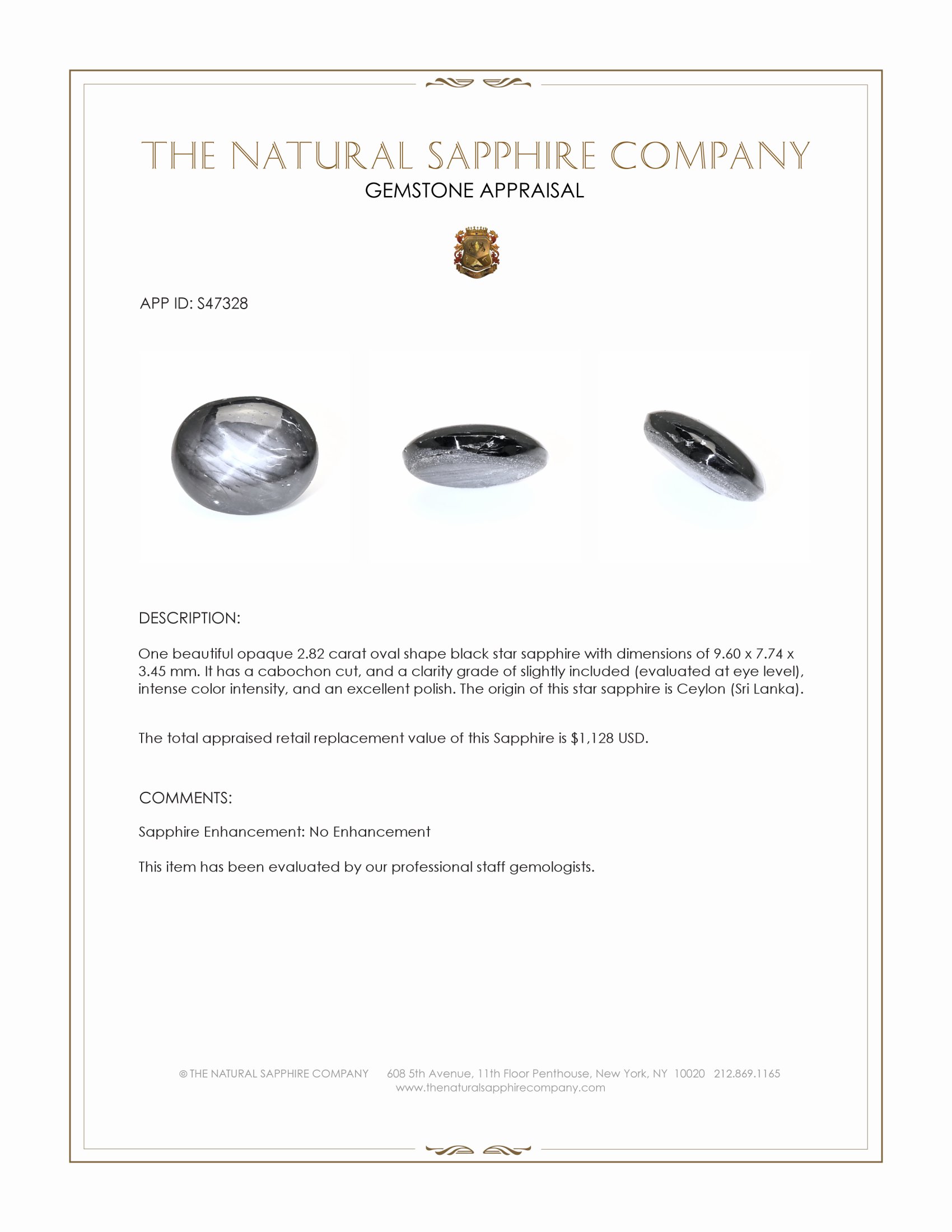 2.82 Ct. Black Star Sapphire from Ceylon (Sri Lanka)
