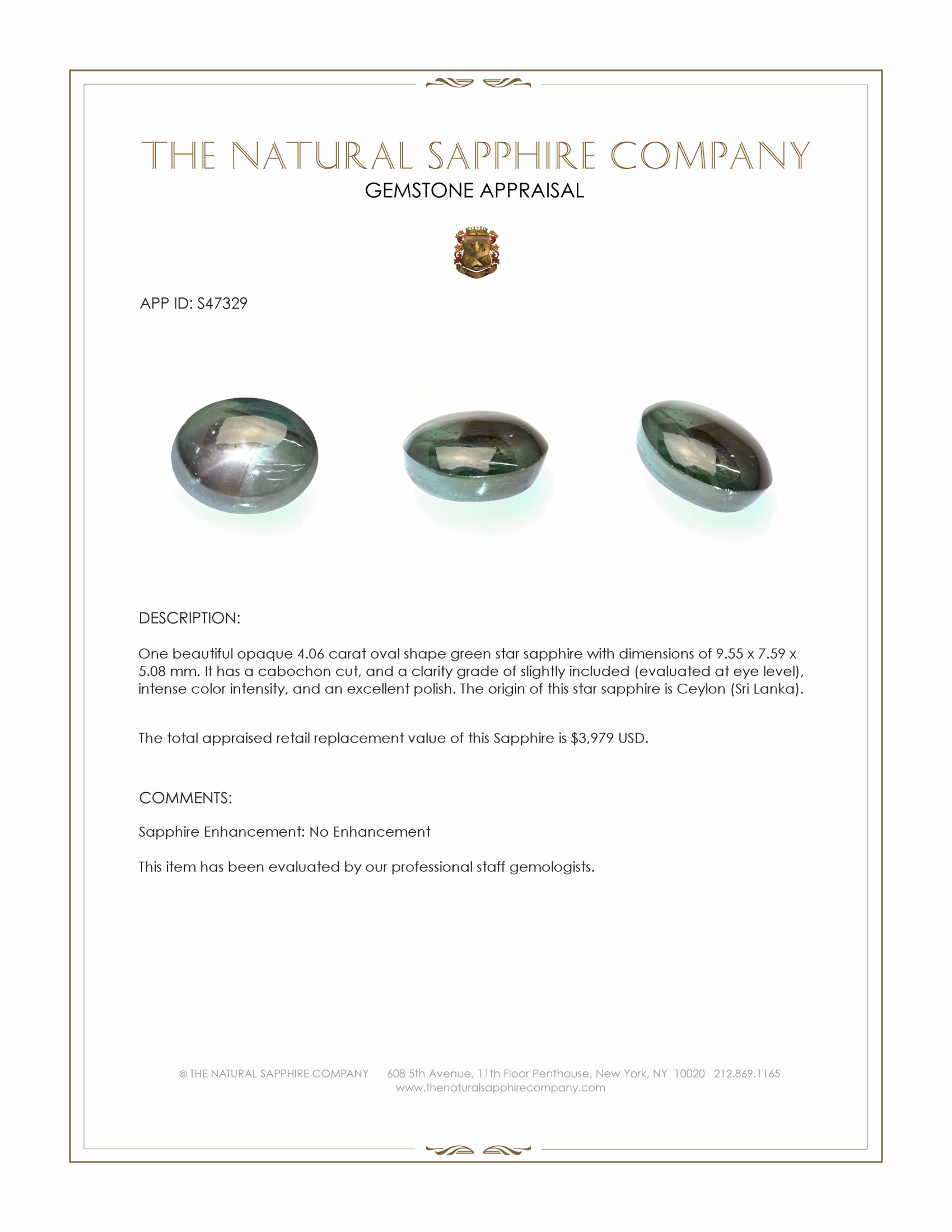 4.06 Ct. Green Star Sapphire from Ceylon (Sri Lanka)