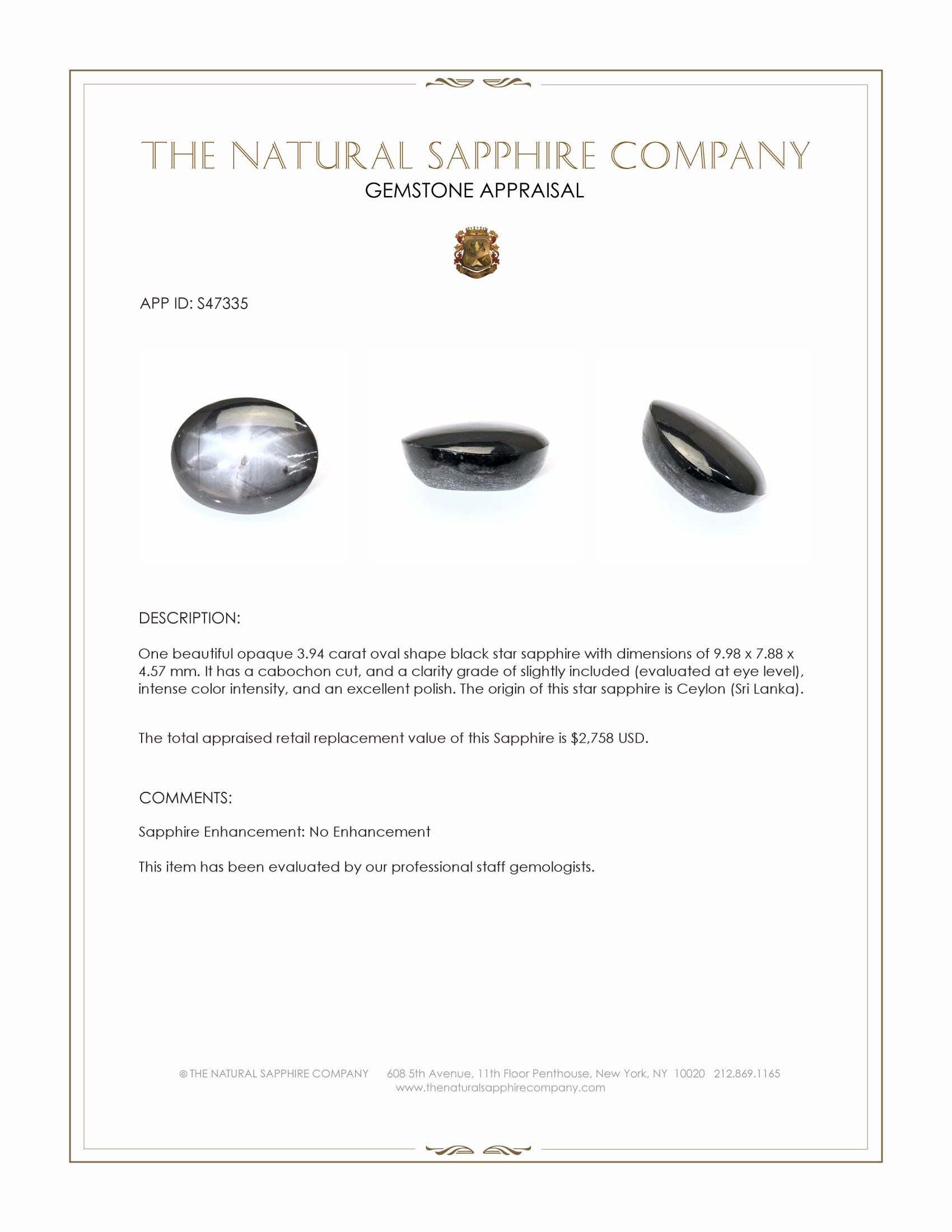 3.94 Ct. Black Star Sapphire from Ceylon (Sri Lanka)