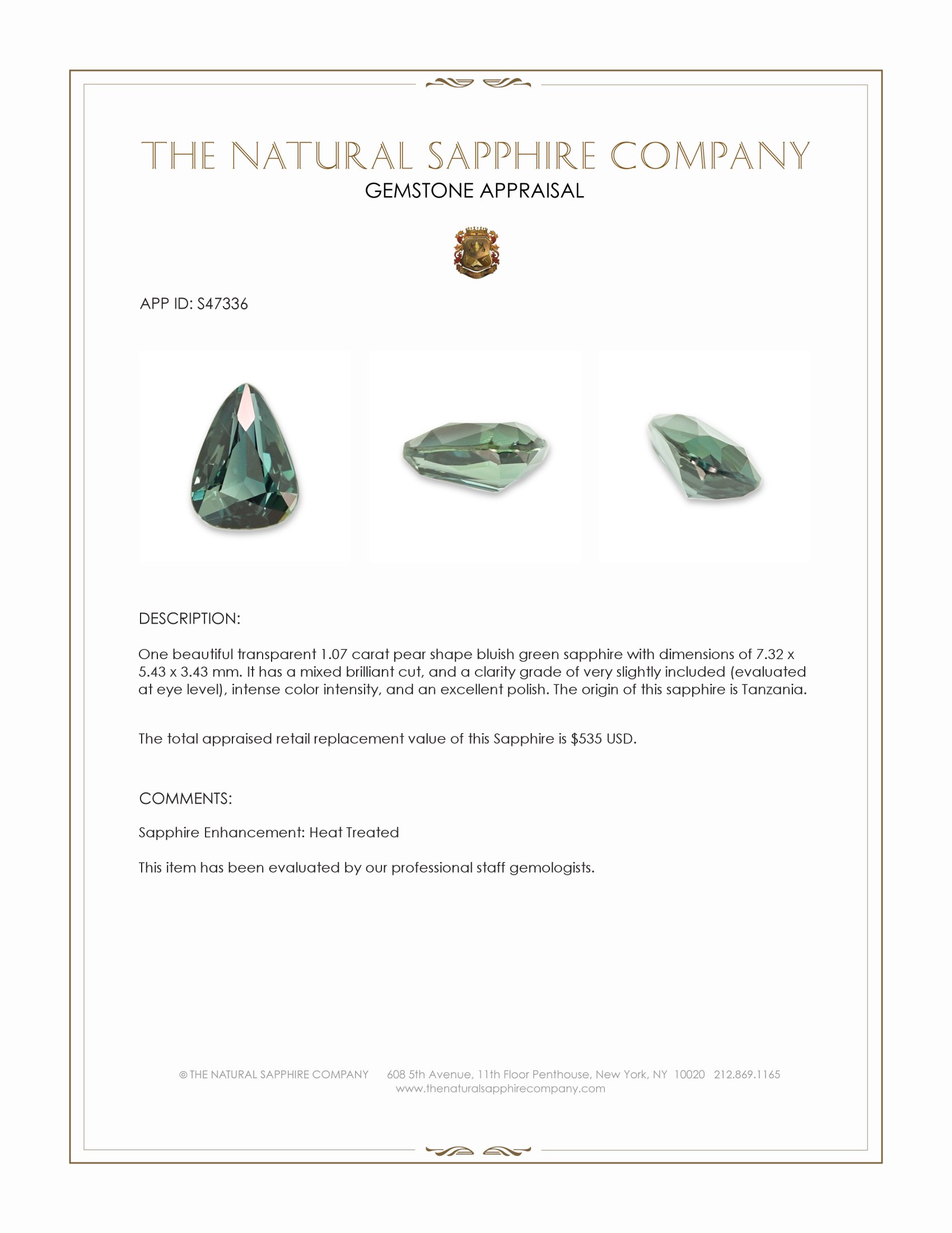 1.07 Ct. Bluish Green Sapphire from Tanzania