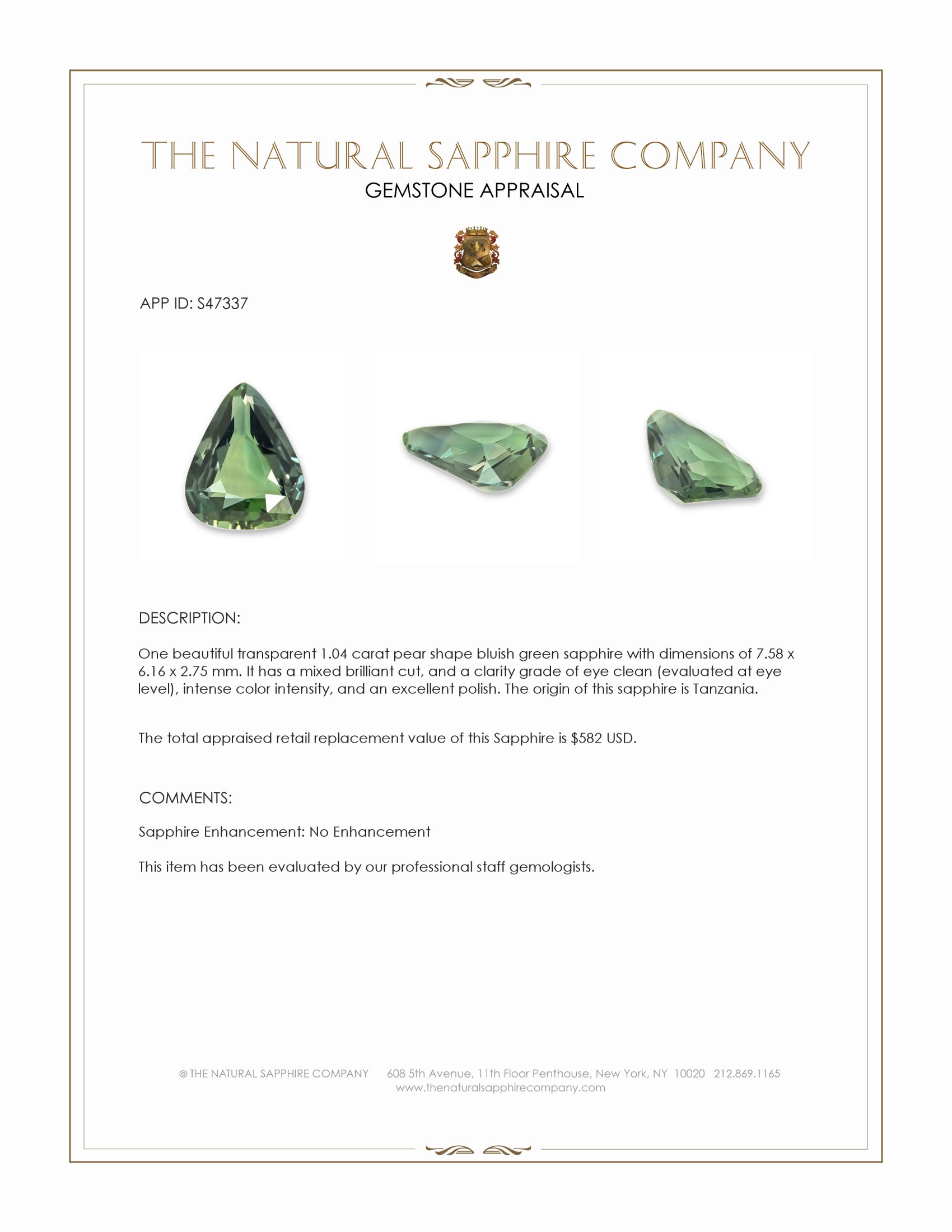 1.04 Ct. Bluish Green Sapphire from Tanzania
