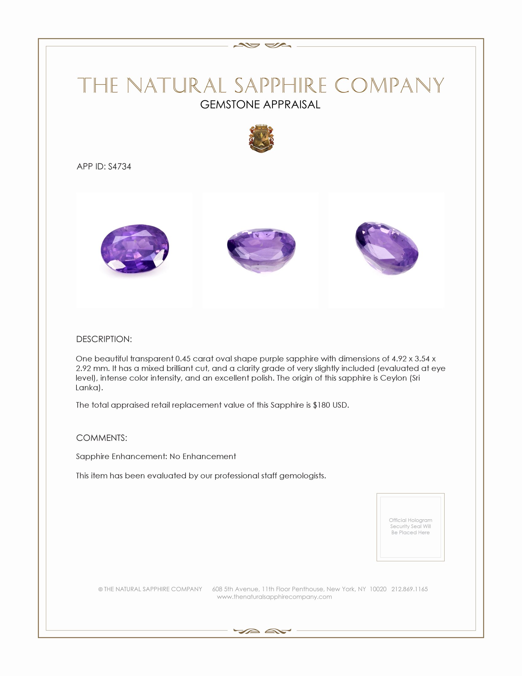 0.45 Ct. Purple Sapphire from Ceylon (Sri Lanka)