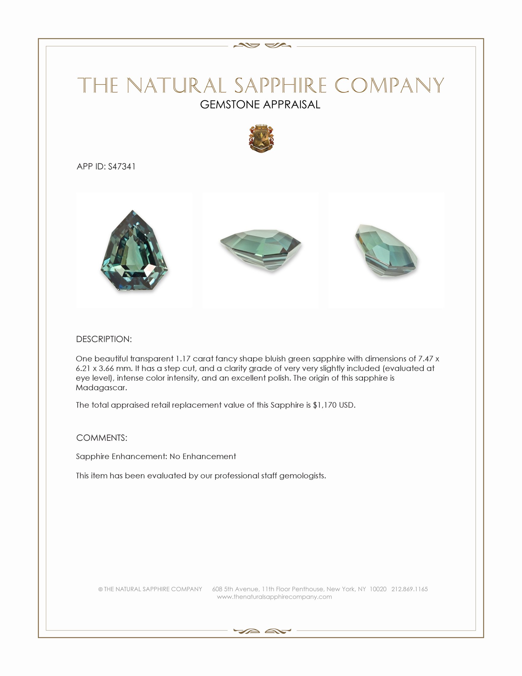 1.17 Ct. Bluish Green Sapphire from Madagascar