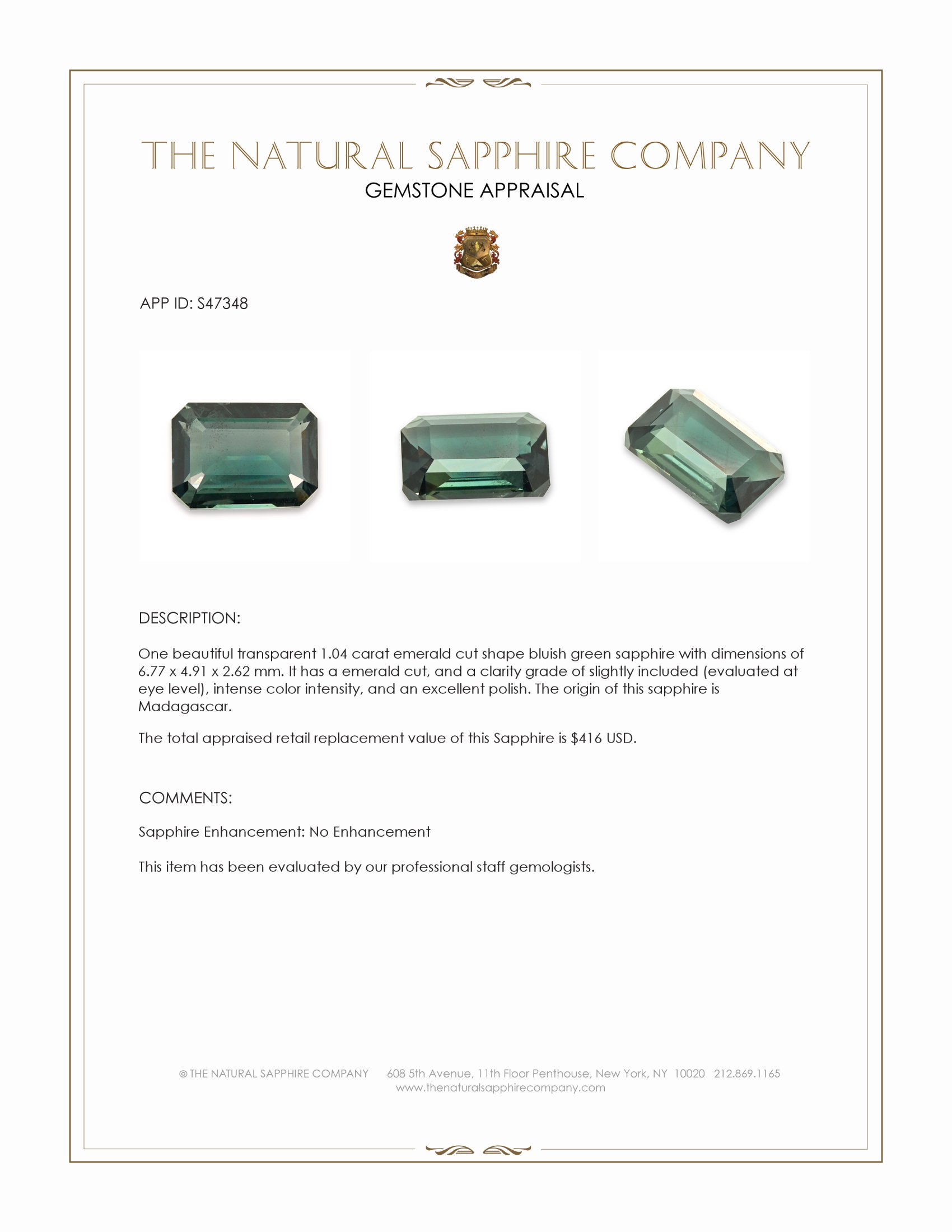 1.04 Ct. Bluish Green Sapphire from Madagascar