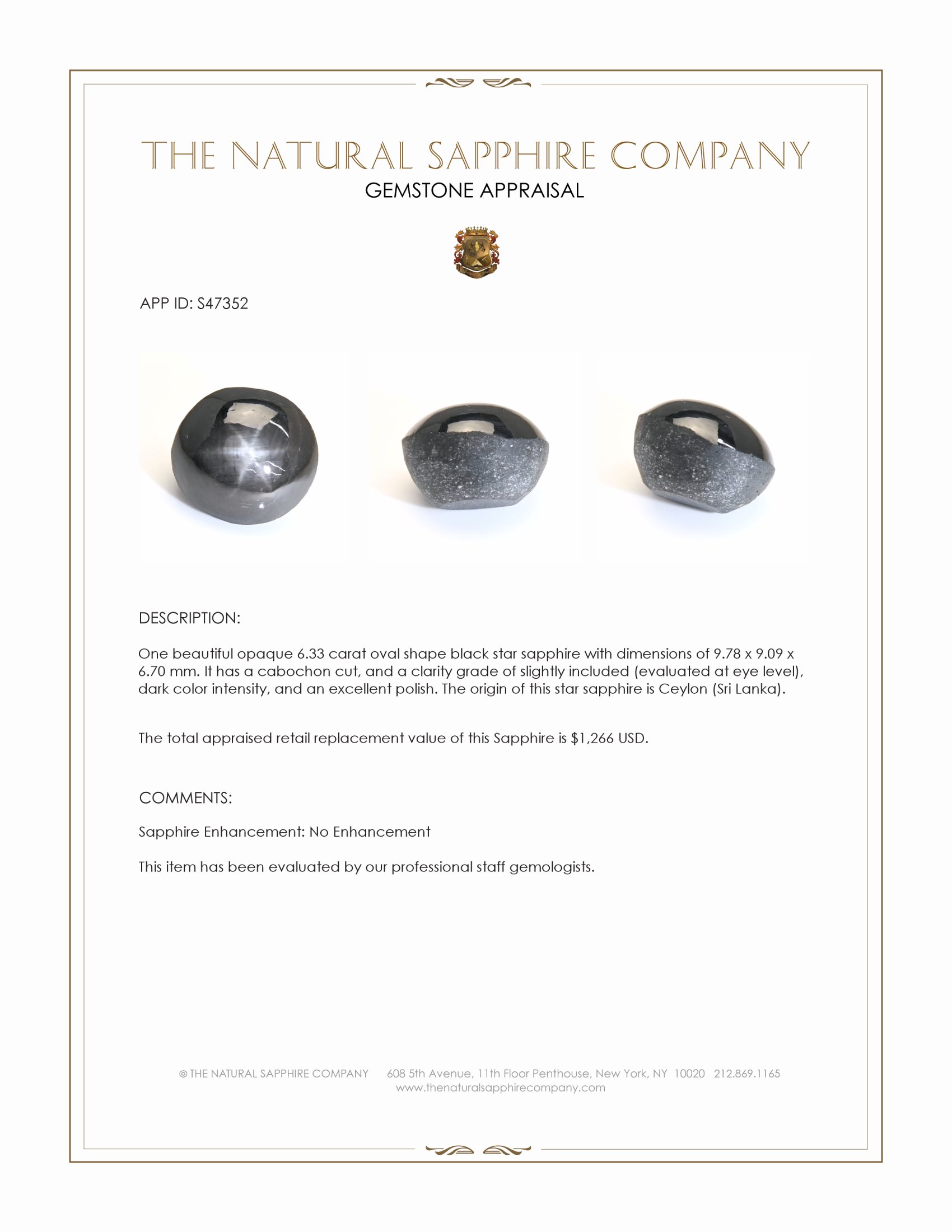 6.33 Ct. Black Star Sapphire from Ceylon (Sri Lanka)