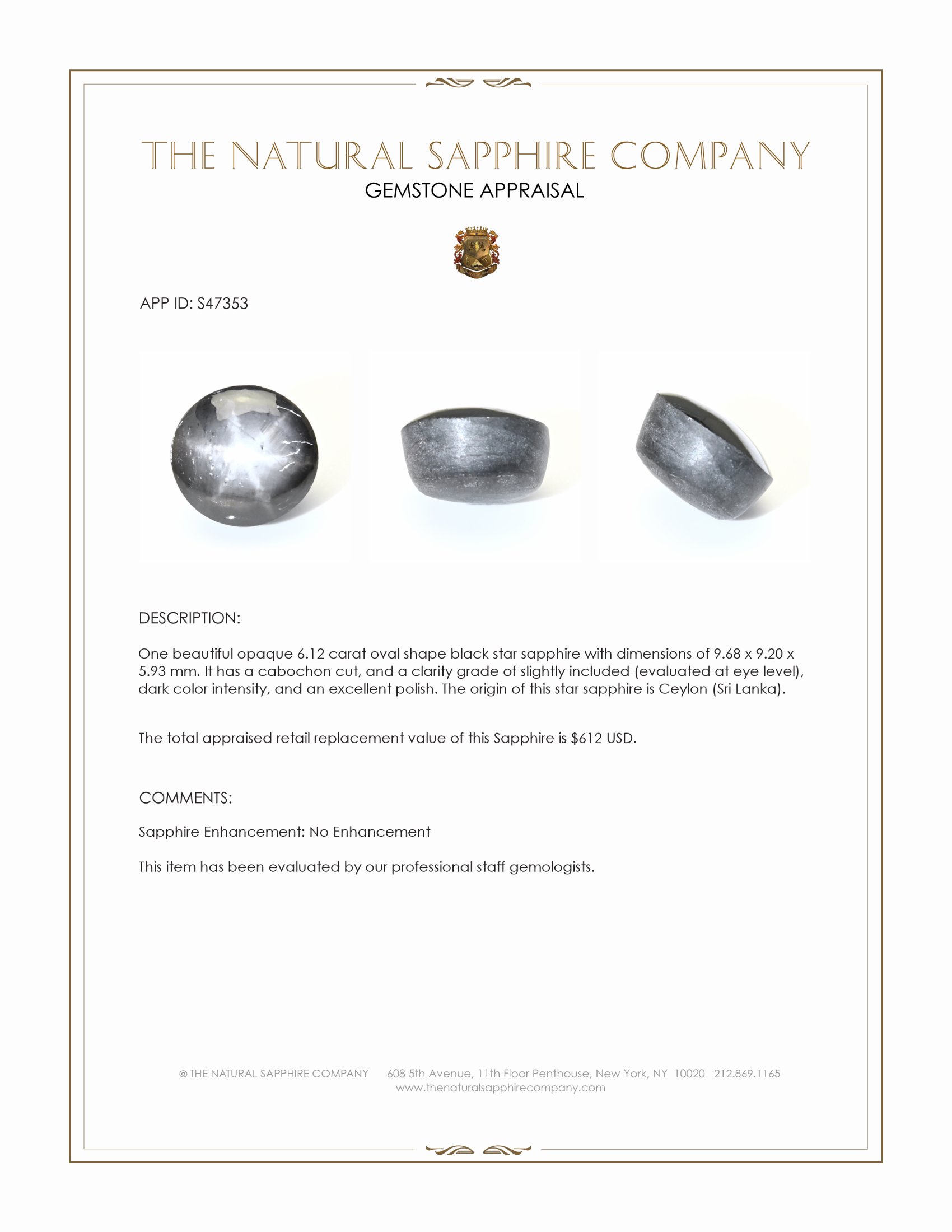 6.12 Ct. Black Star Sapphire from Ceylon (Sri Lanka)