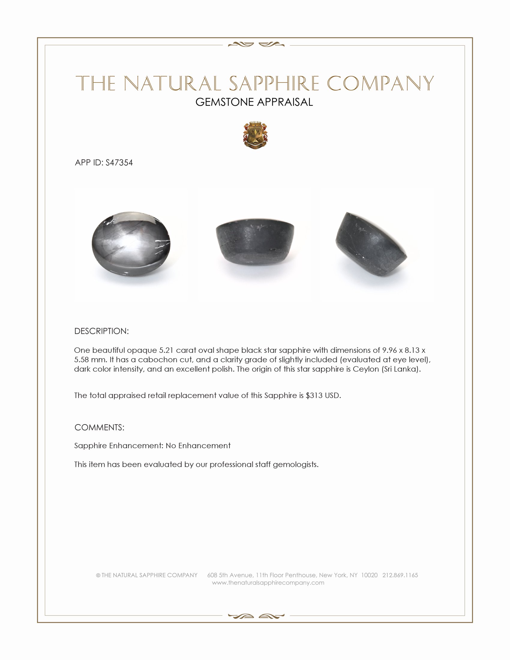 5.21 Ct. Black Star Sapphire from Ceylon (Sri Lanka)